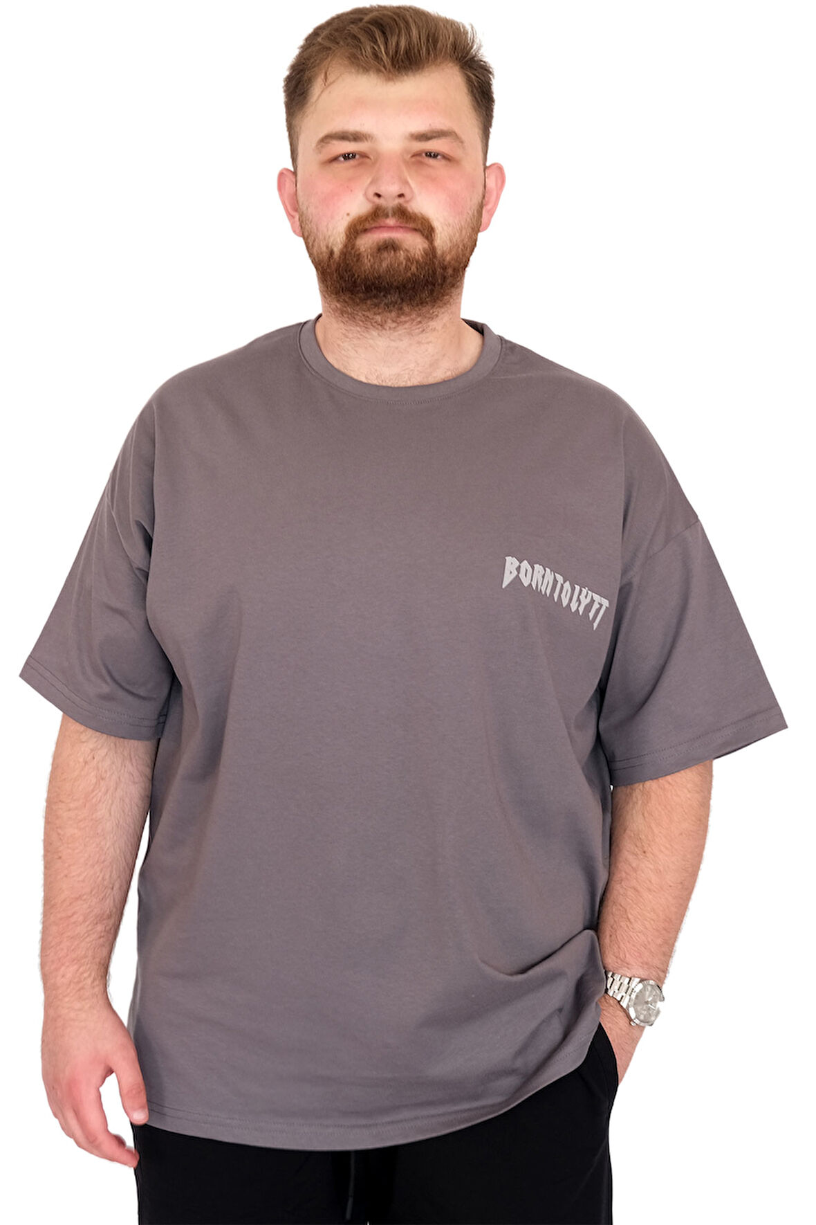 Mode XL Büyük Beden Erkek T-Shirt Bisiklet Yaka BORN TOLYFT U25029 Füme