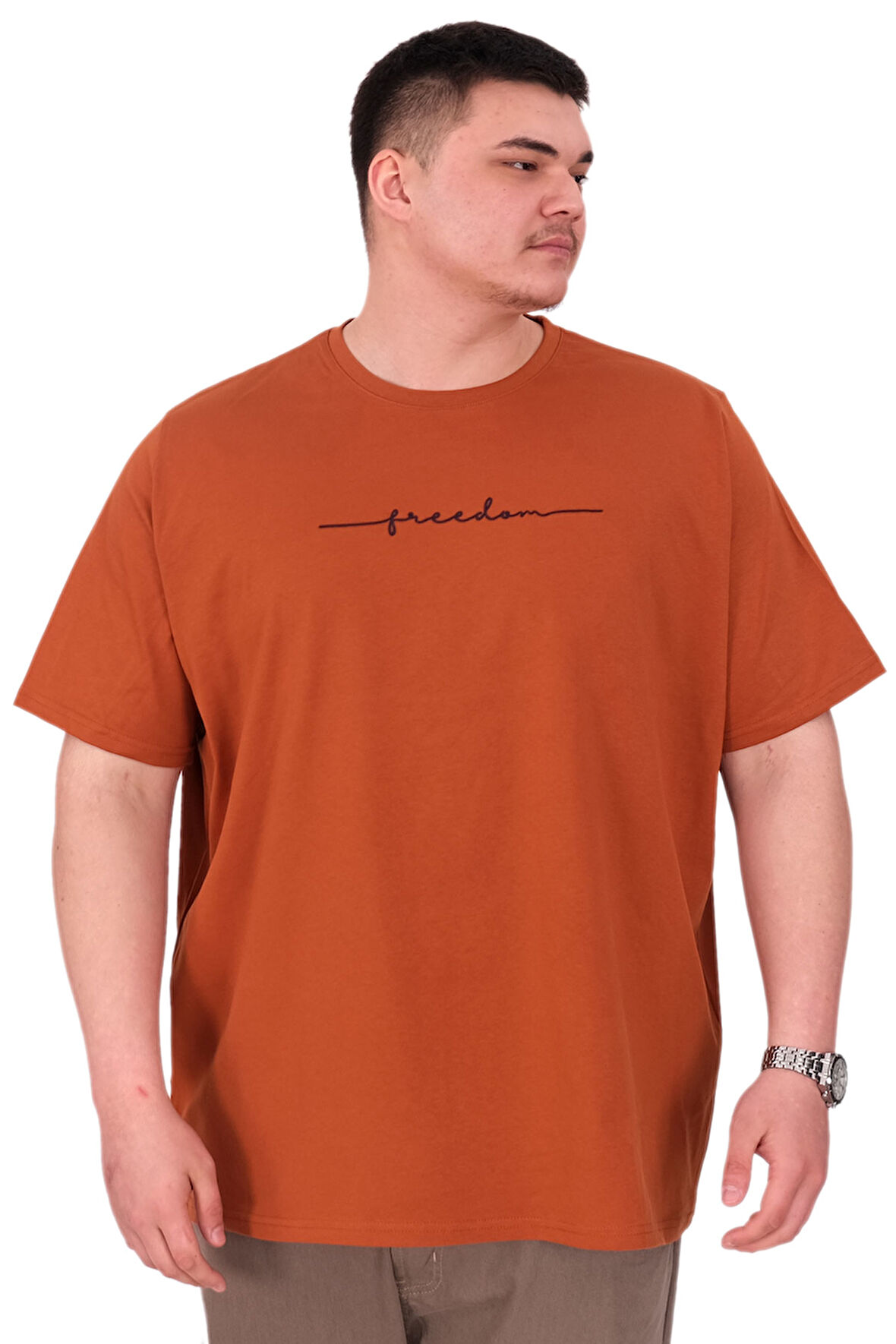 Mode XL Büyük Beden Erkek T-Shirt Bisiklet Yaka FREEDOM U25033 Tarçın