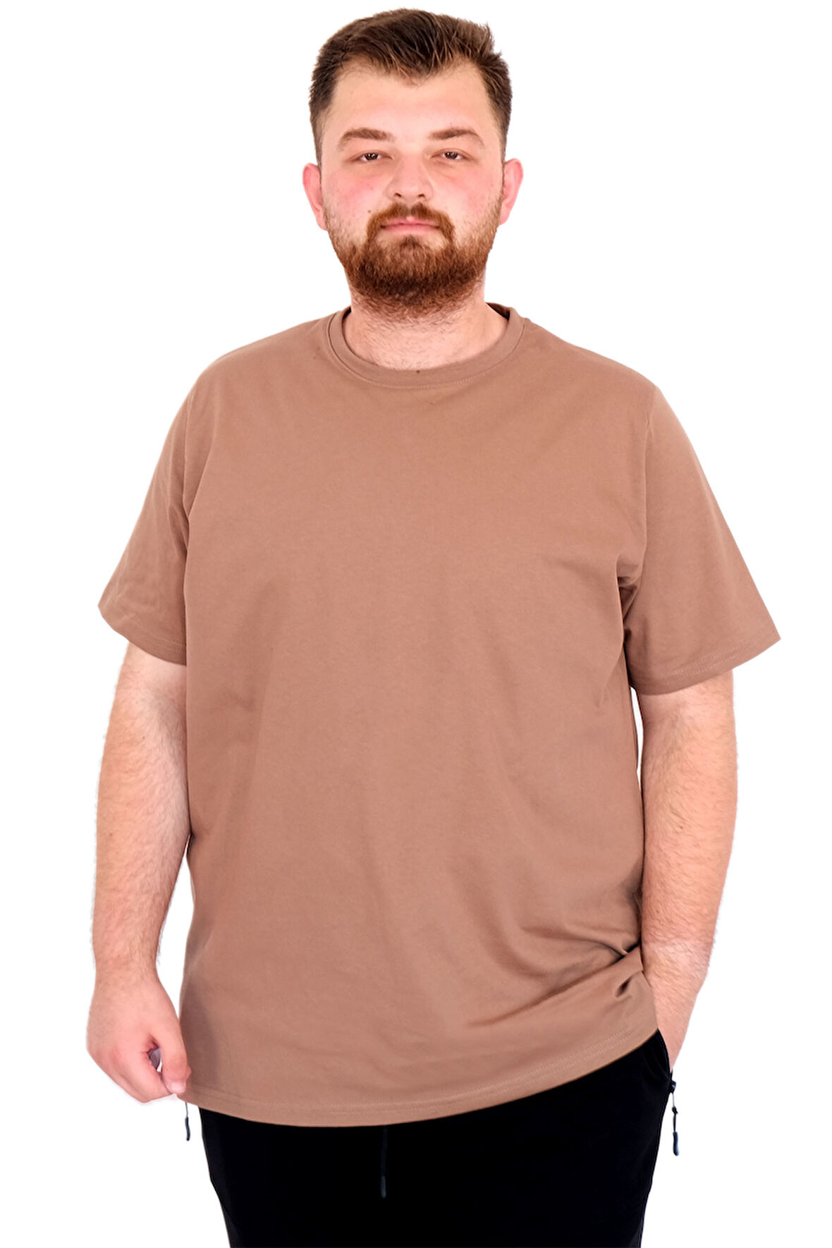 Mode XL Büyük Beden Erkek T-Shirt Bisiklet Yaka Basic U25162 Sütlü Kahve