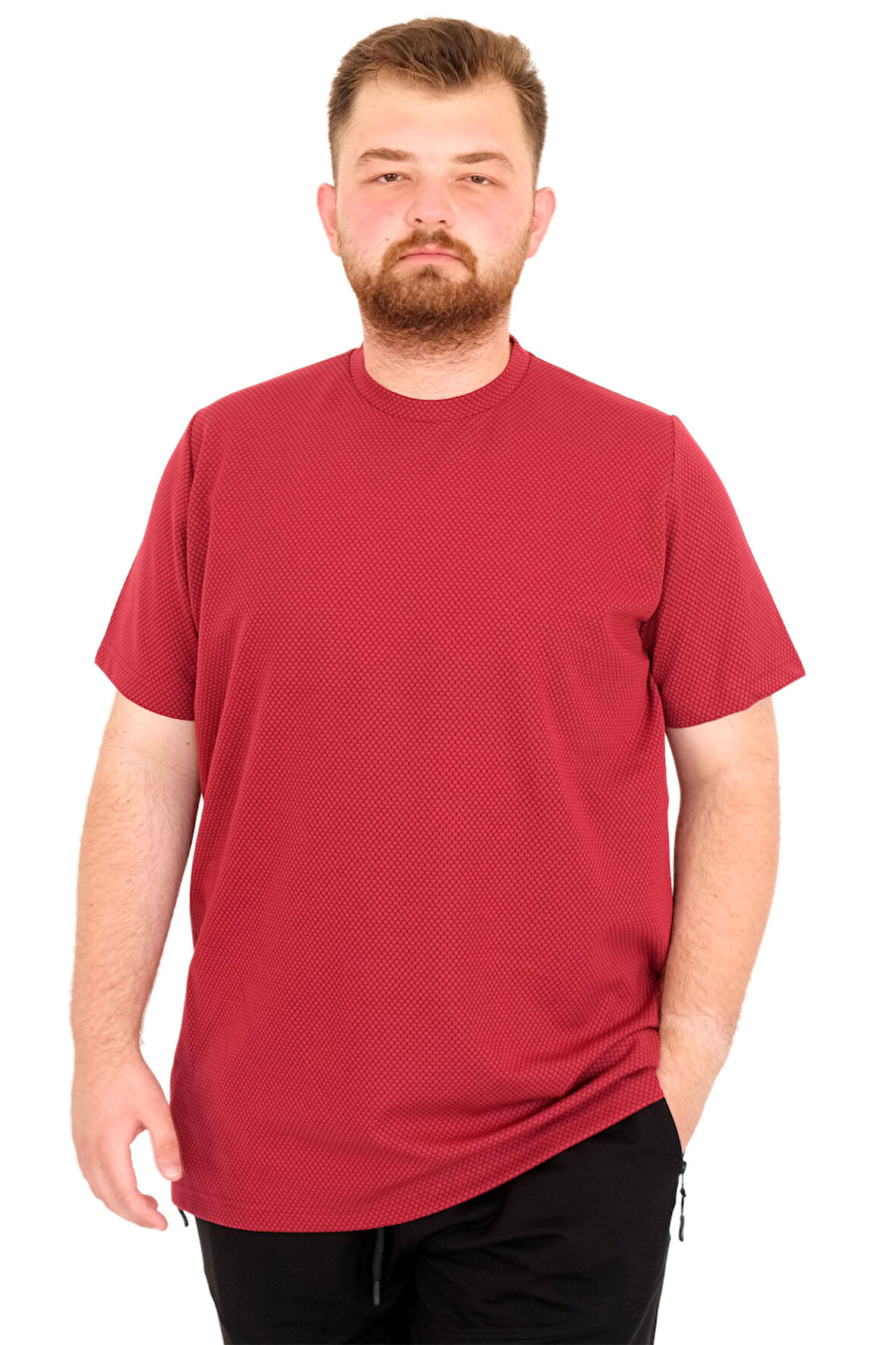 Mode XL Büyük Beden Erkek T-Shirt Bisiklet Yaka Dore U25034 Bordo