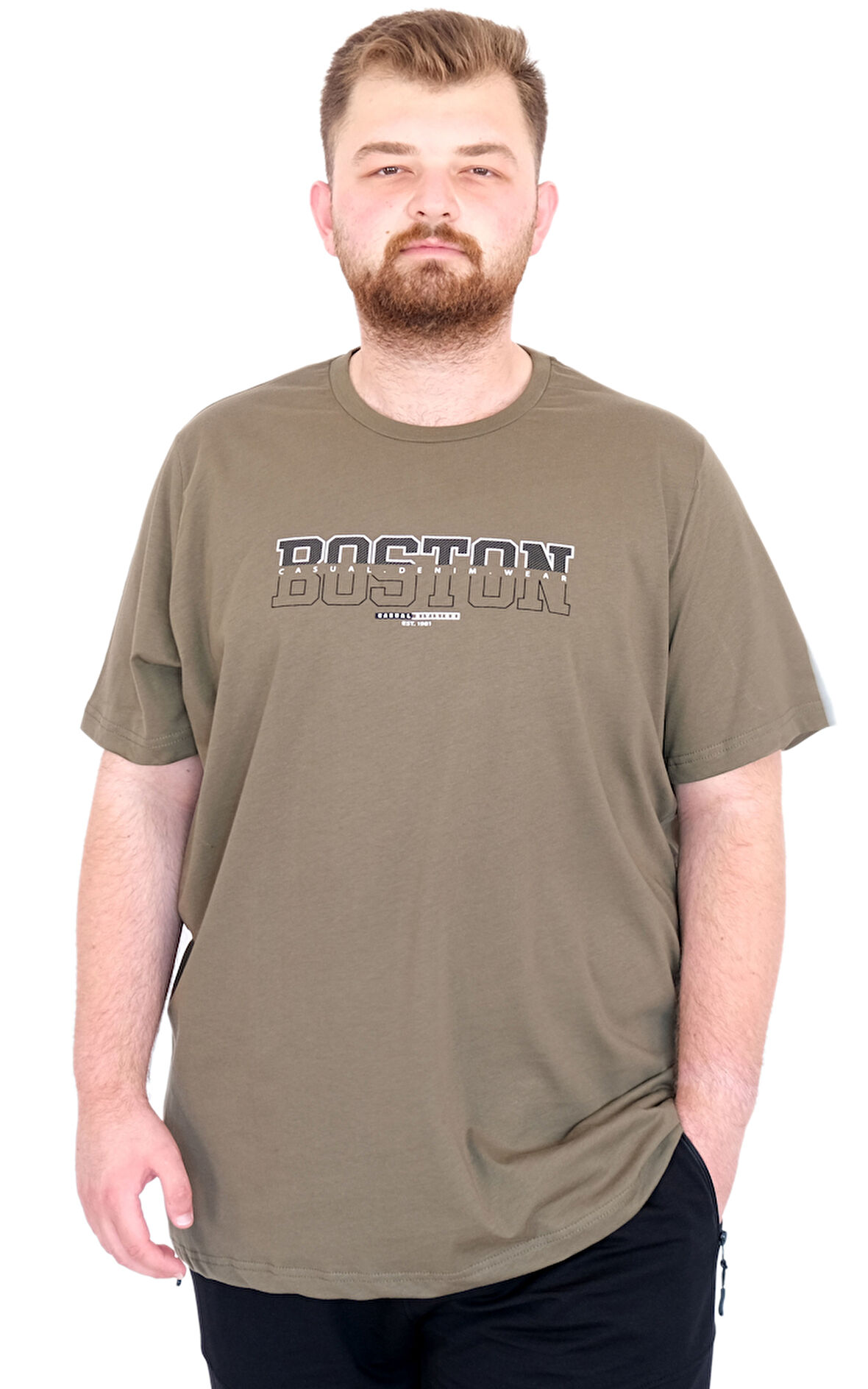 Mode XL Büyük Beden Erkek T-Shirt Bisiklet Yaka BOSTON U25037 Haki