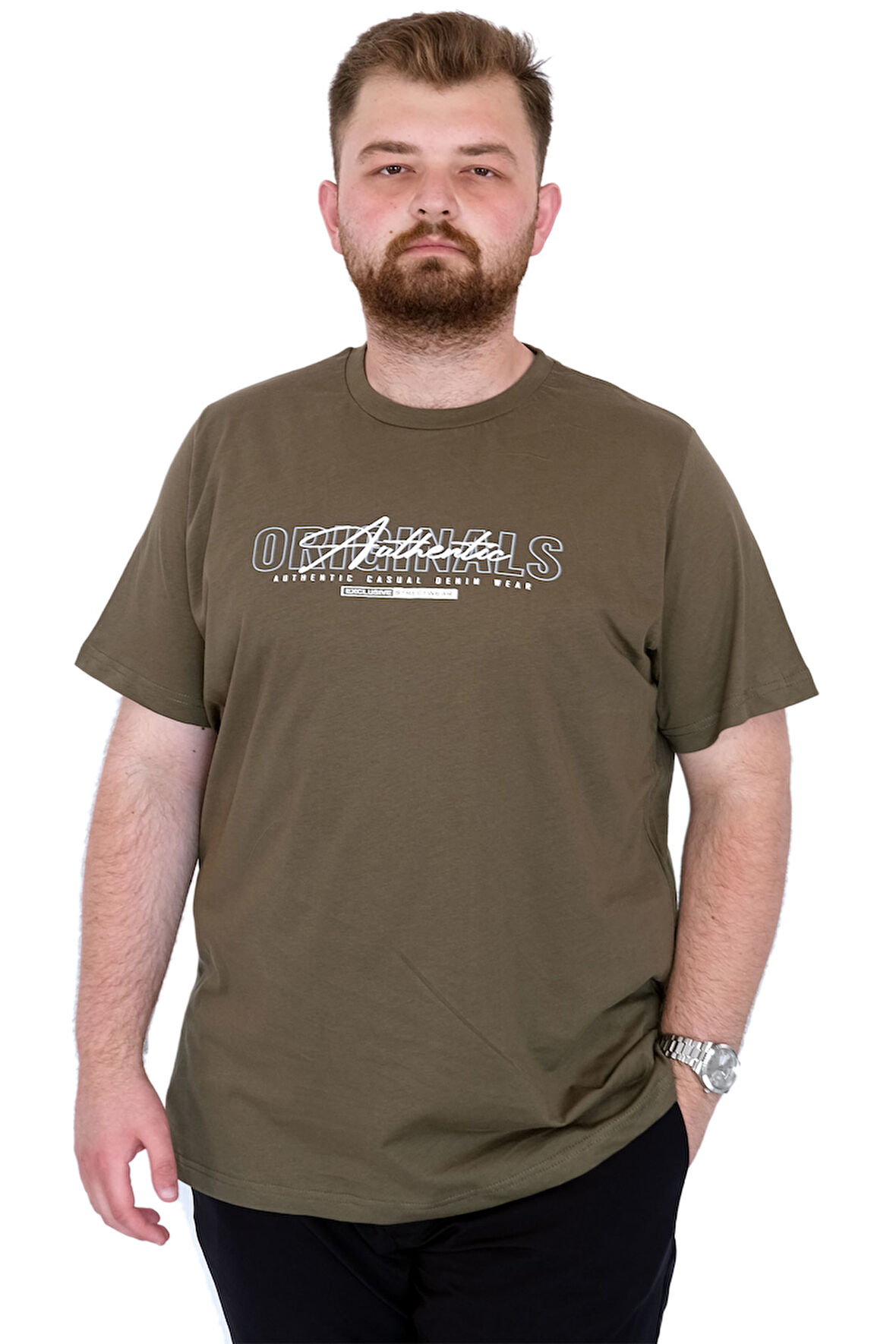 Mode XL Büyük Beden Erkek T-Shirt Bisiklet Yaka ORIGINALS U25038 Haki