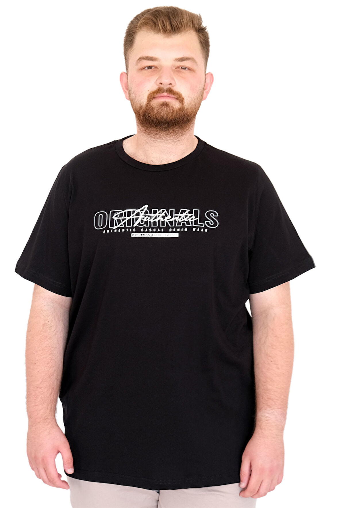 Mode XL Büyük Beden Erkek T-Shirt Bisiklet Yaka ORIGINALS U25038 Siyah