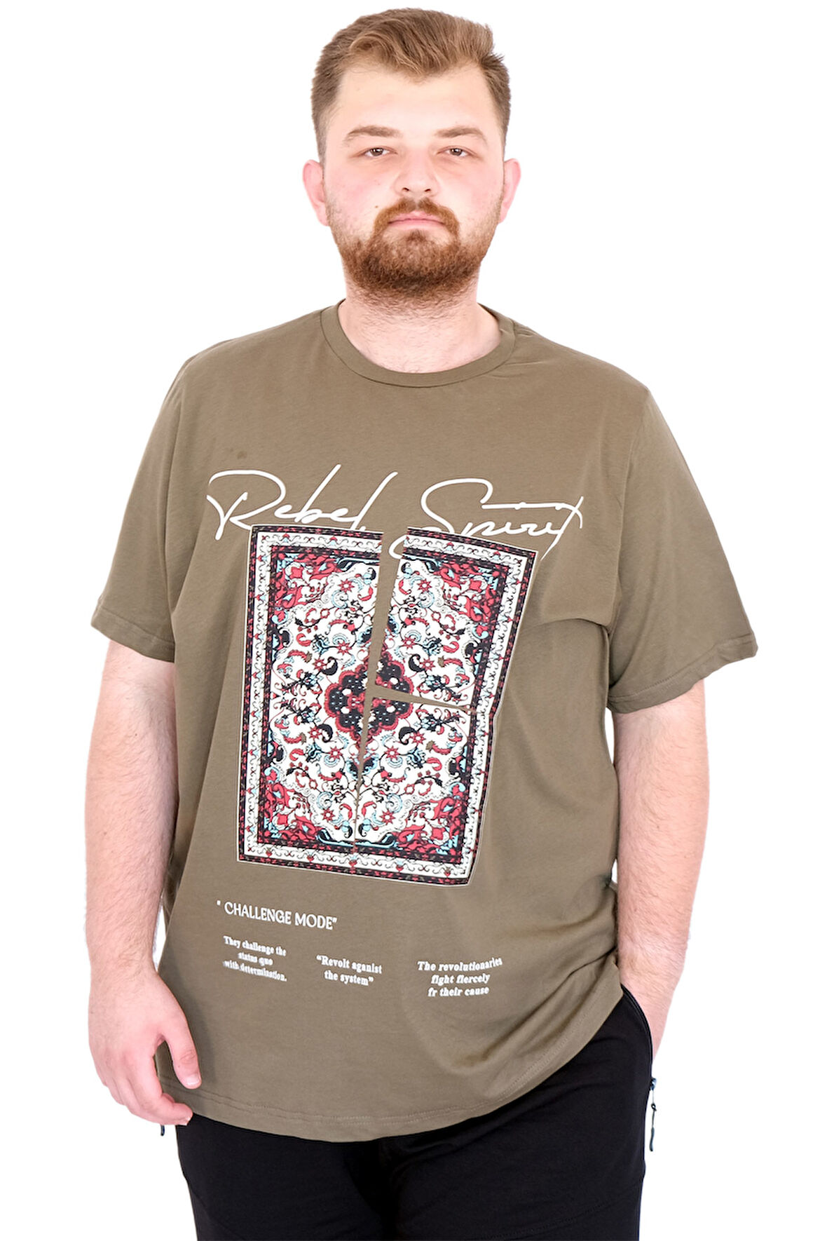 Mode XL Büyük Beden Erkek T-Shirt Bisiklet Yaka REBEL U25039 Haki