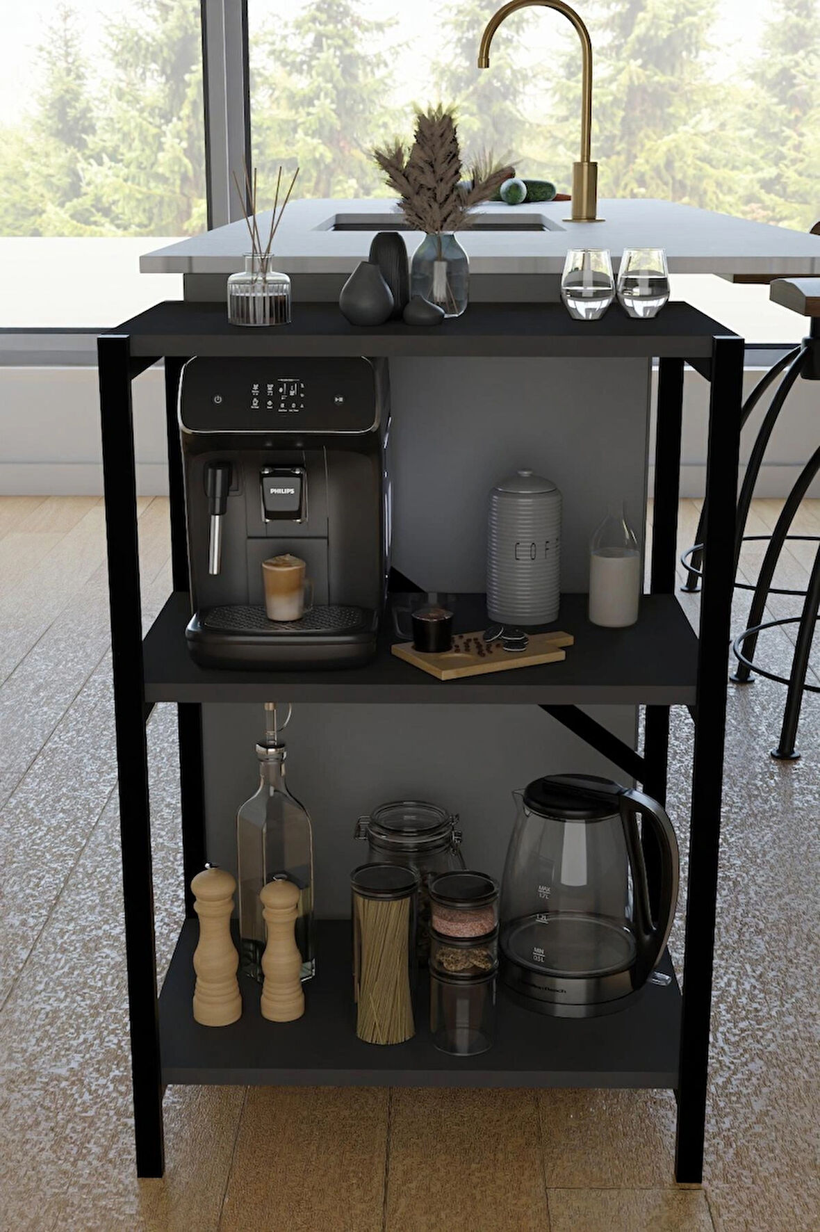 Steel Desing 3 Katlı Metal Gövdeli Çok Amaçlı Raf – Mutfak, Ofis, Salon Düzenleyici – Kahve Köşesi ,Dolap