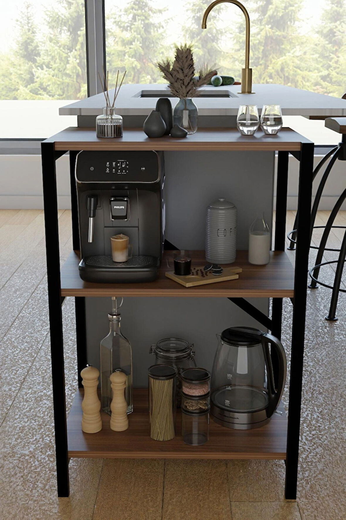 Steel Desing 3 Katlı Metal Gövdeli Çok Amaçlı Raf – Mutfak, Ofis, Salon Düzenleyici – Kahve Köşesi ,Dolap