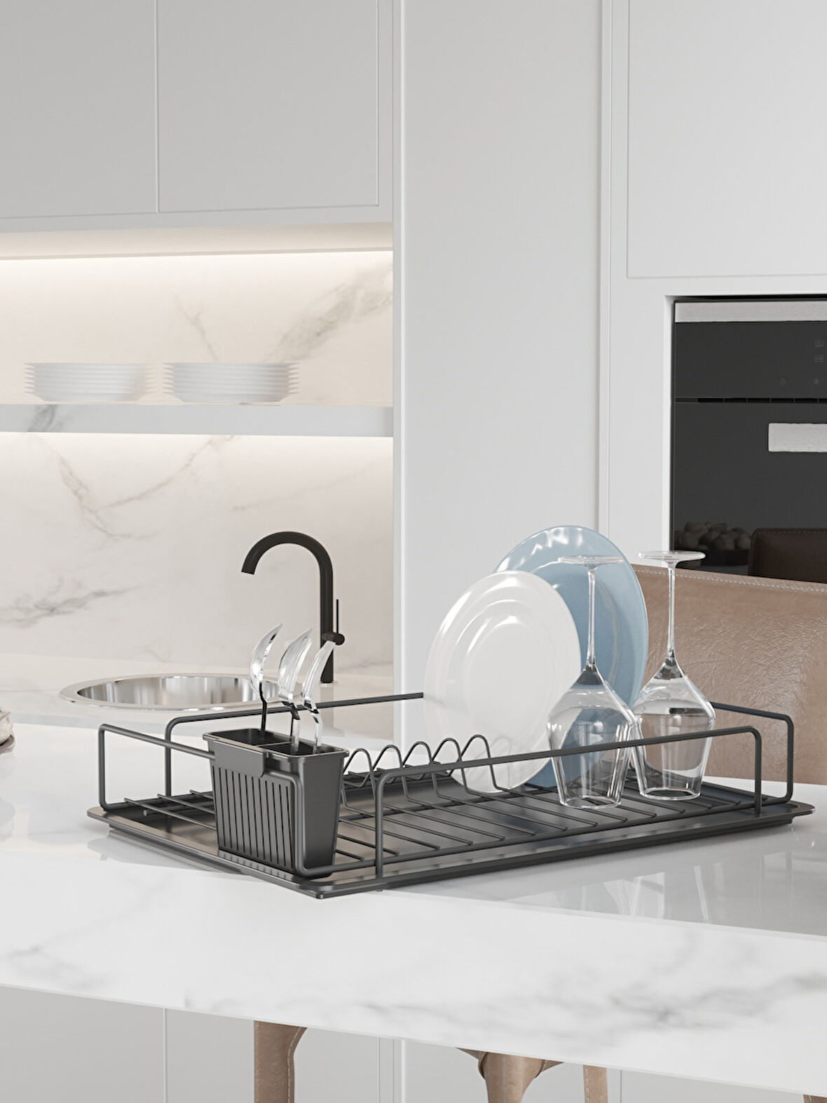 Premium Siyah Tek Katlı Bulaşıklık, Dayanıklı Paslanmaz Termoplastik Kaplama Tepsili, Kaşıklıklı 