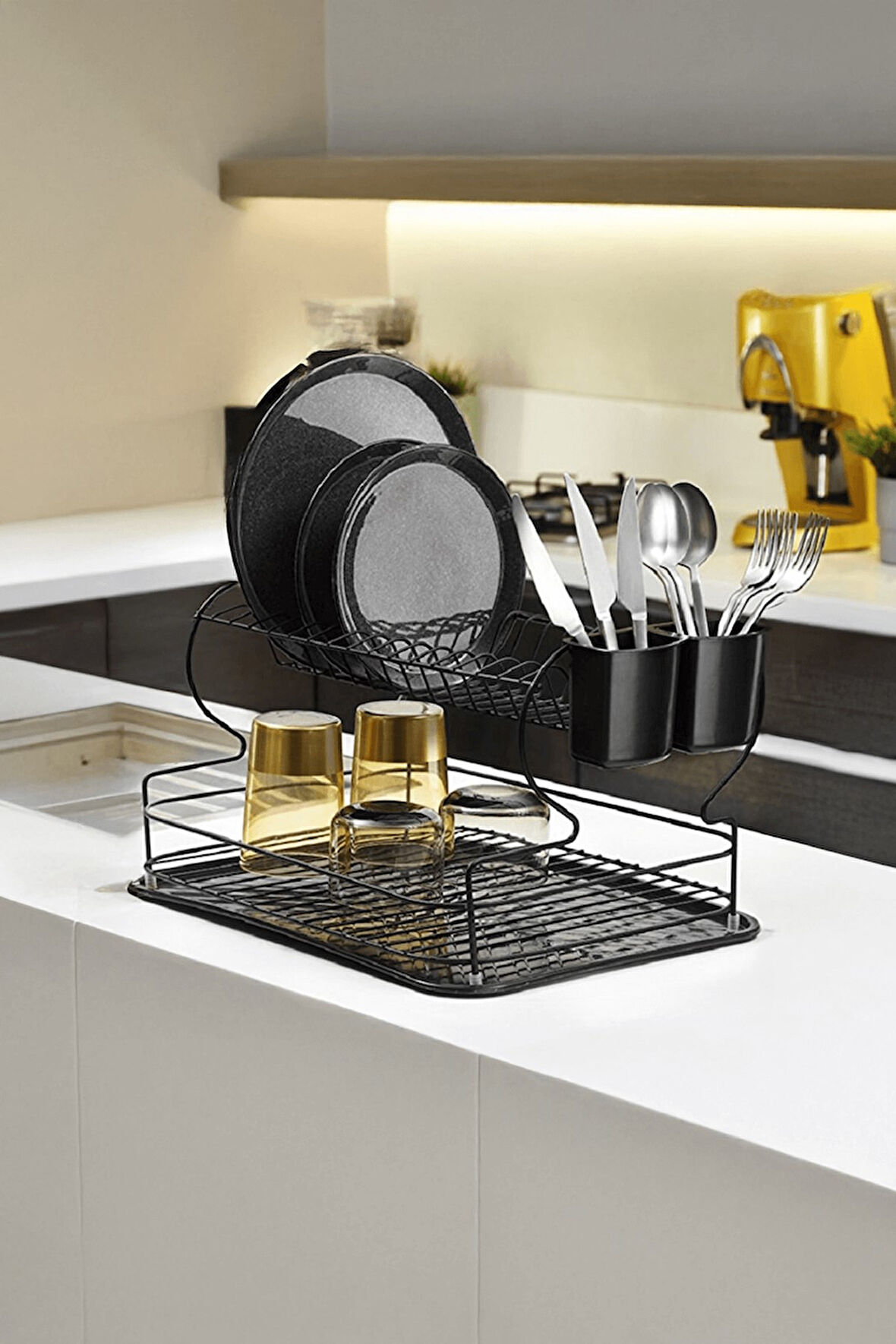 2 Katlı Siyah Bulaşıklık – Dayanıklı Paslanmaz Termoplastik Kaplama Bulaşık Sepeti, Tepsili, Tabak