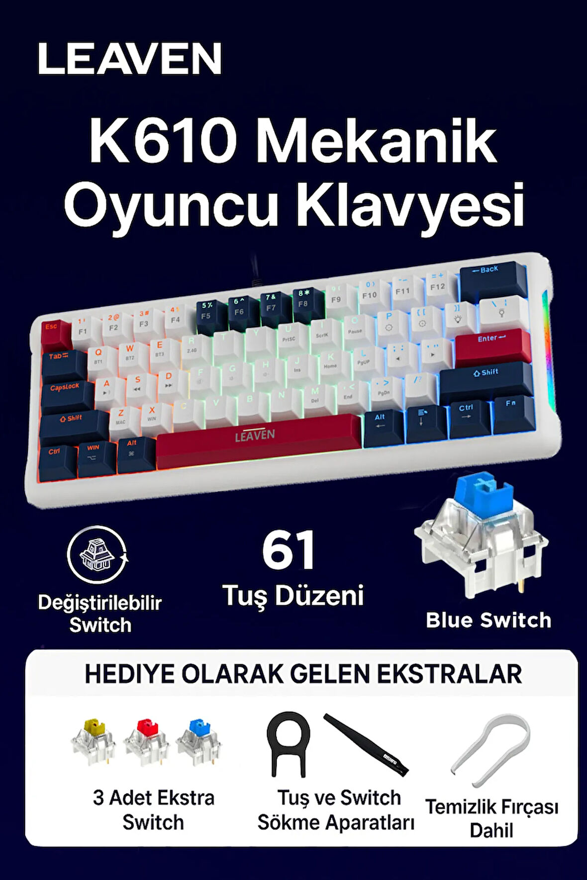 K610 Kablolu Lacivert - Beyaz Mekanik Oyuncu Klavyesi-61 Tuş Rgb-Hot Swap - Mavi Switch
