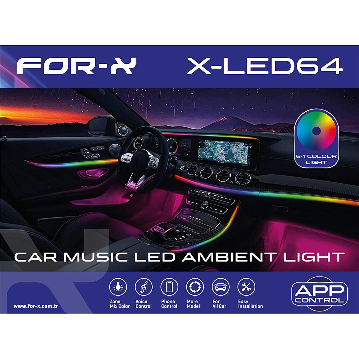 FOR-X X-LED64 Araç Ambians Ortam Led Kontrollü Bluetooth Androıd İos (Sese Duyarlı)