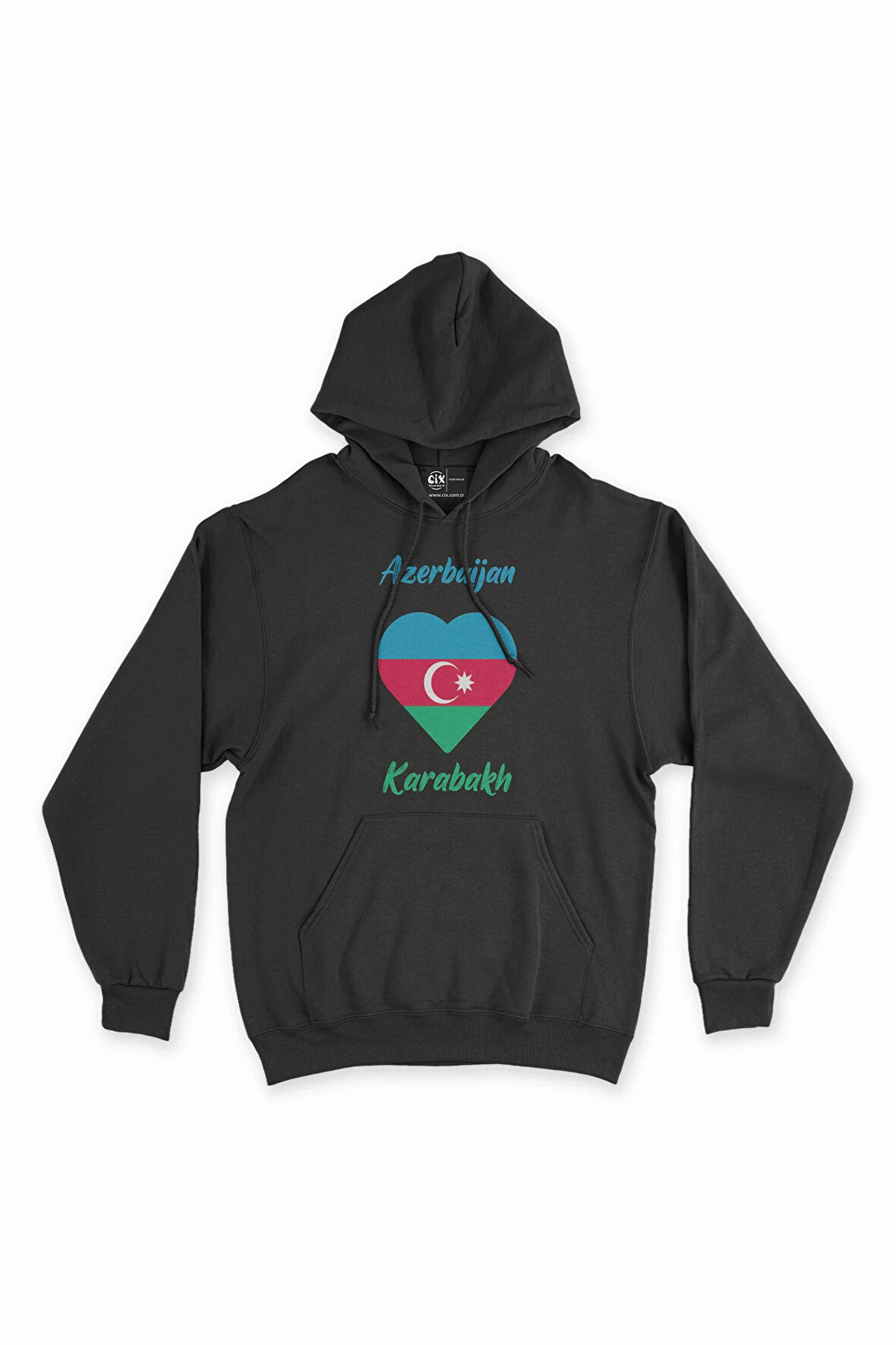 Karabağ Azerbaycan Bayraklı Kalpli Siyah Sweatshirt Hoodie
