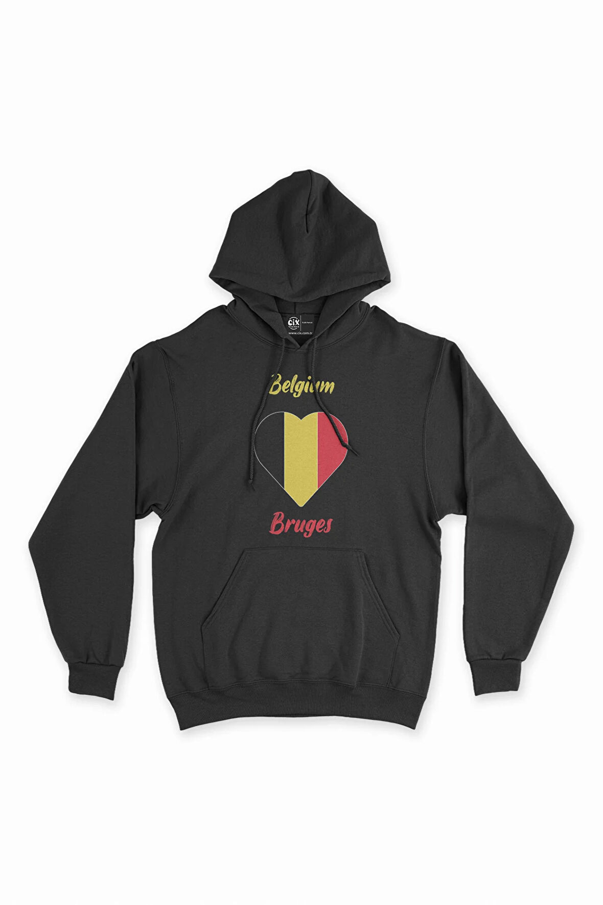 Bruge Belçika Bayraklı Kalpli Siyah Sweatshirt Hoodie