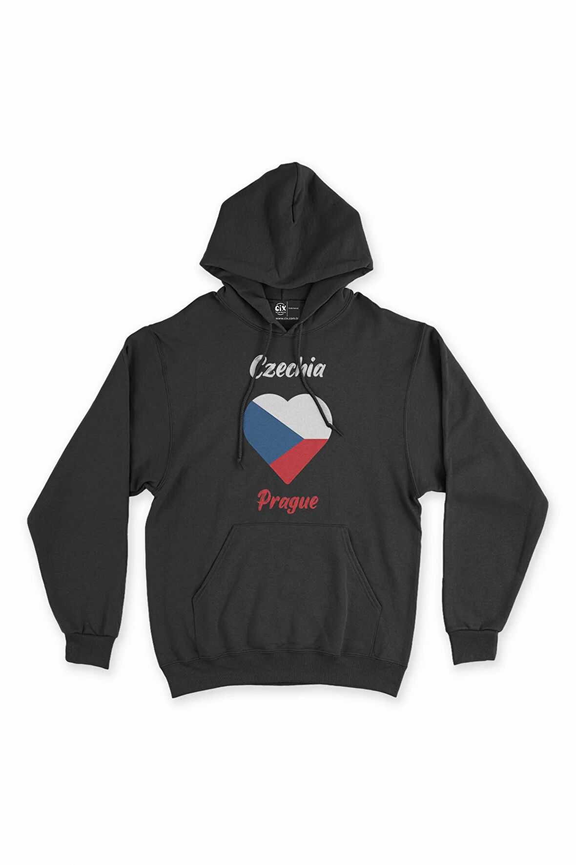 Prag Çekya Bayraklı Kalpli Siyah Sweatshirt Hoodie