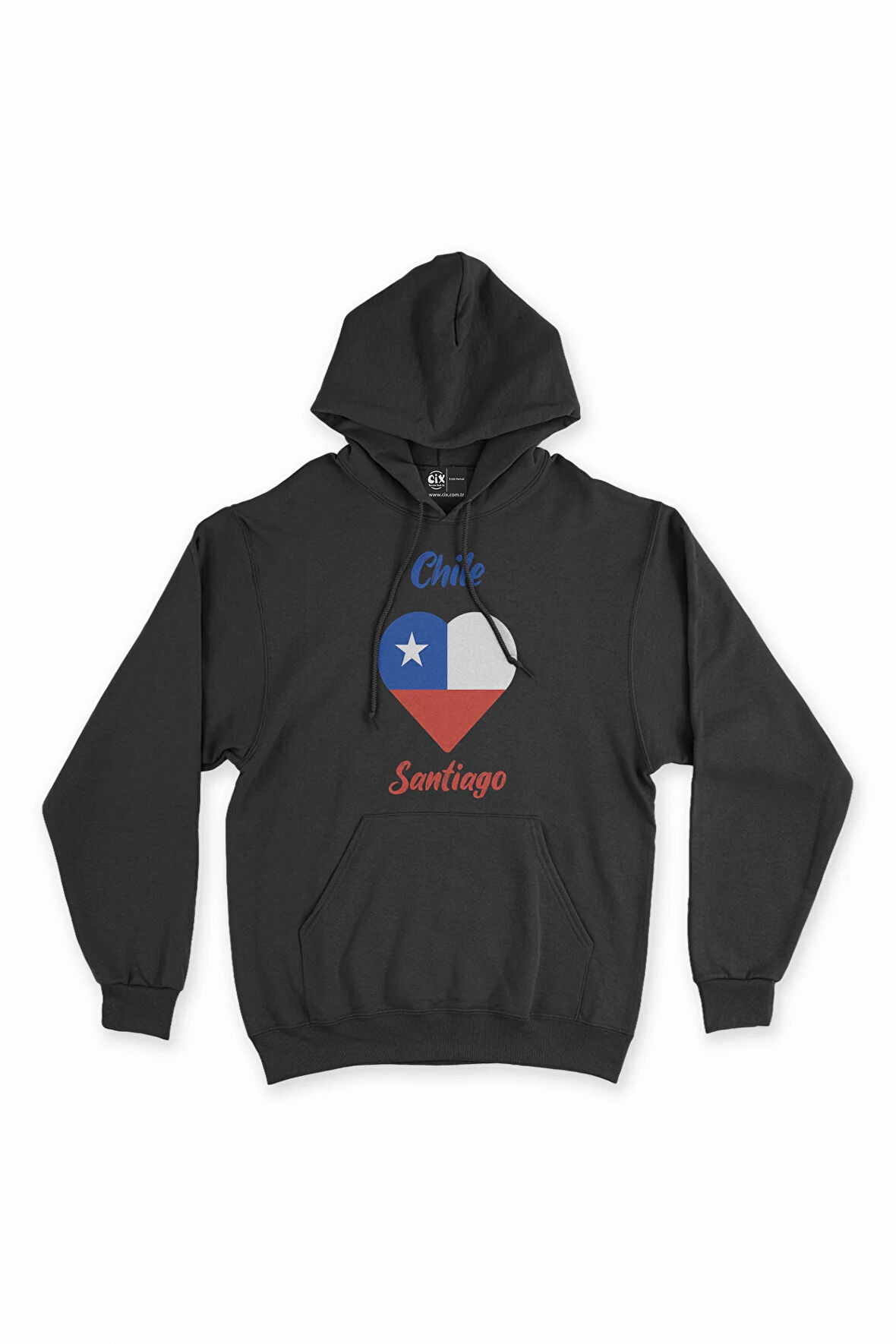 Santiago Şili Bayraklı Kalpli Siyah Sweatshirt Hoodie