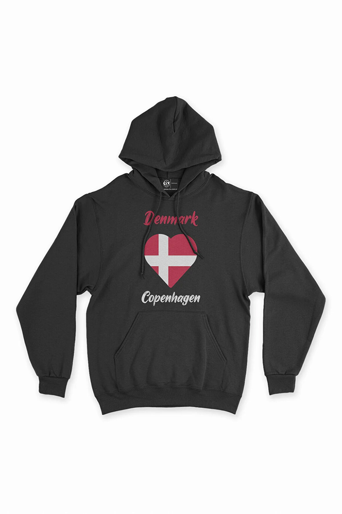 Kopenhang Danimarka Bayraklı Kalpli Siyah Sweatshirt Hoodie