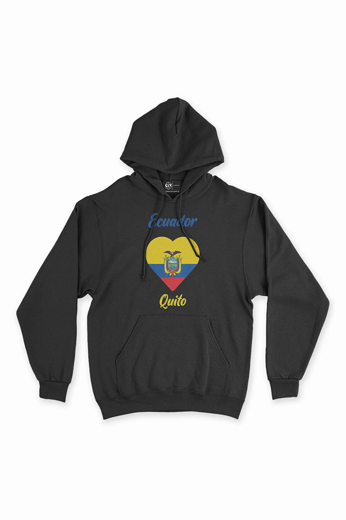 Quito Ekvator Bayraklı Kalpli Siyah Sweatshirt Hoodie