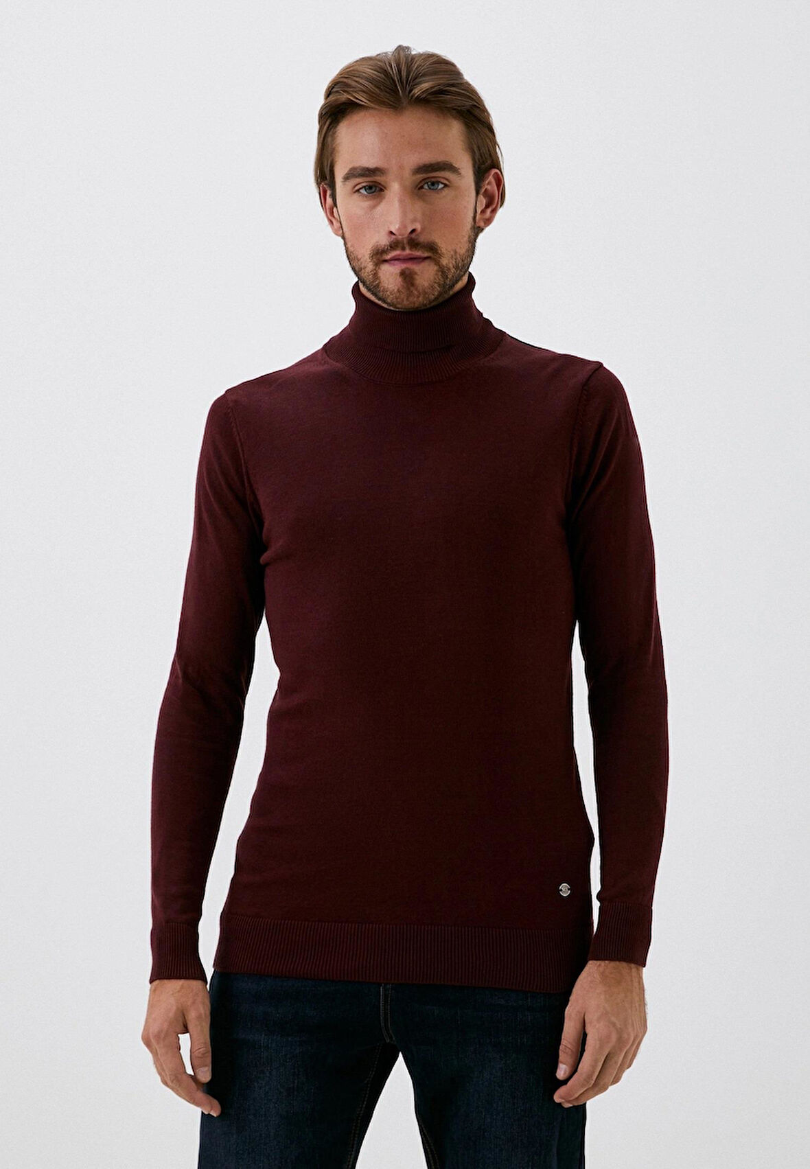 Erkek Tam Balıkçı Boğazlı Triko Bordo Slim Fit Pamuklu Sık Örme Kazak NCS JEANS 3003