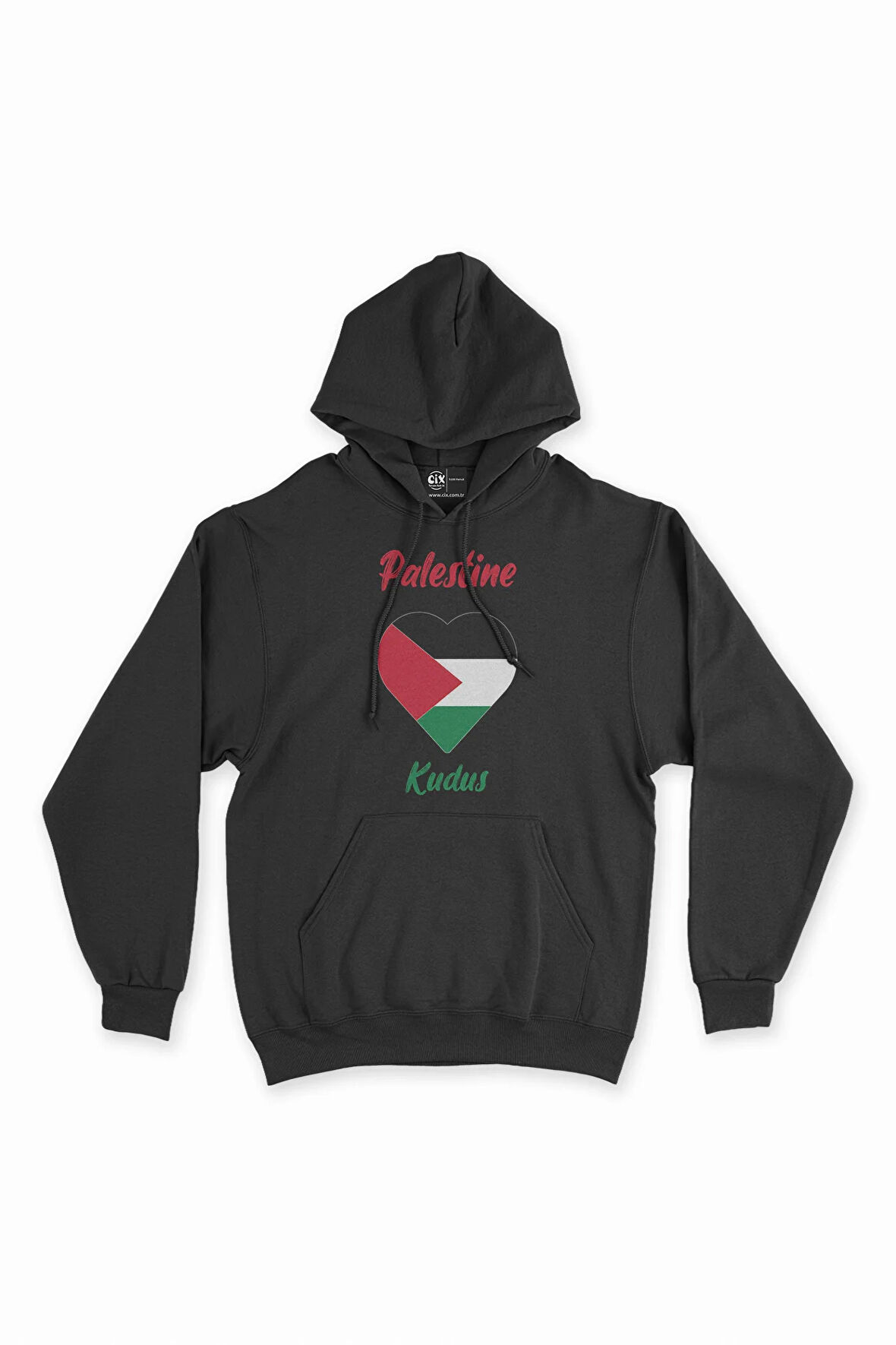 Kudüs Filistin Bayraklı Kalpli Siyah Sweatshirt Hoodie