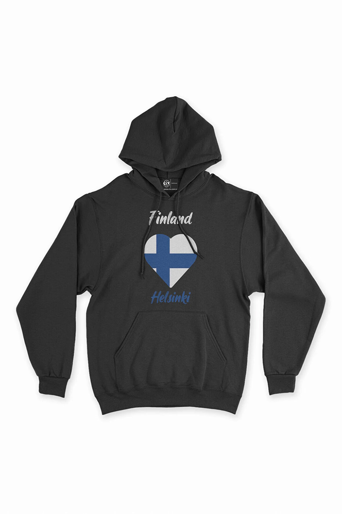 Helsinki Finlandiya Bayraklı Kalpli Siyah Sweatshirt Hoodie