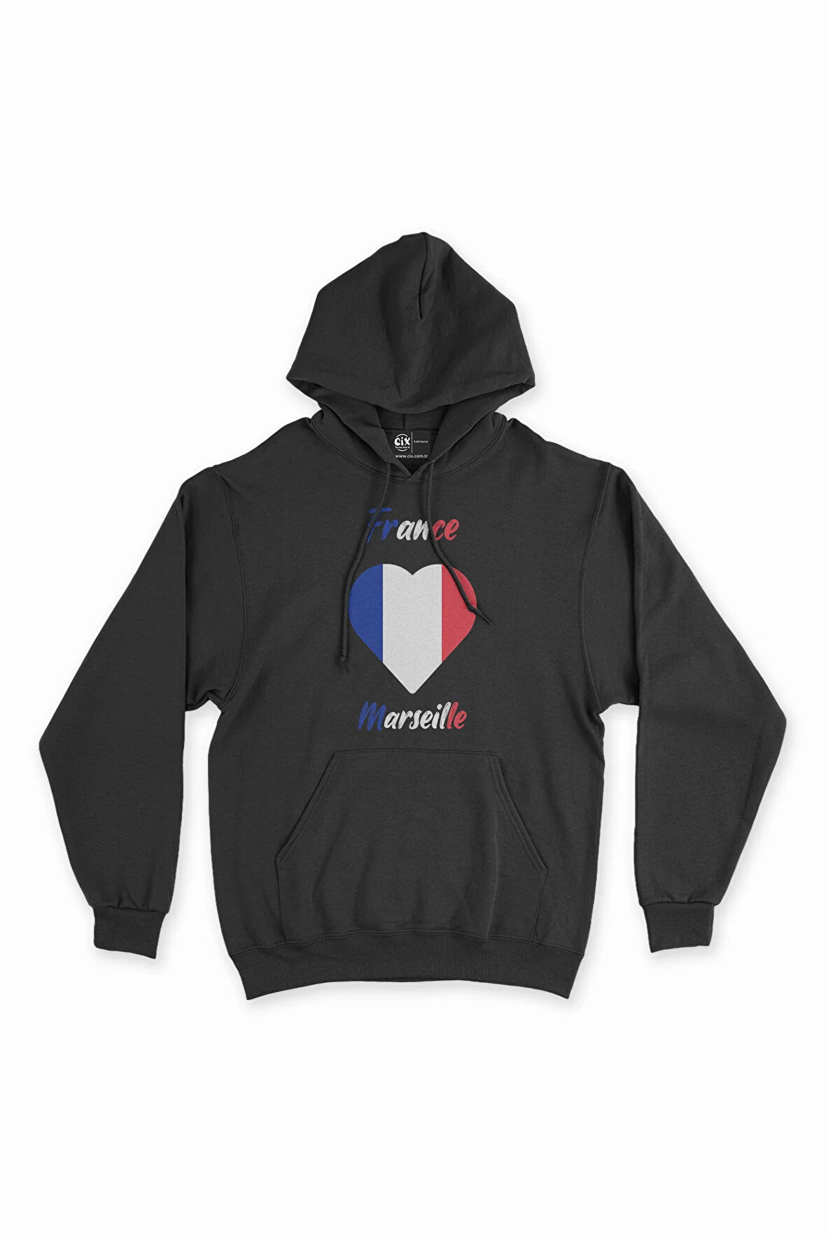 Marsilya Fransa Bayraklı Kalpli Siyah Sweatshirt Hoodie
