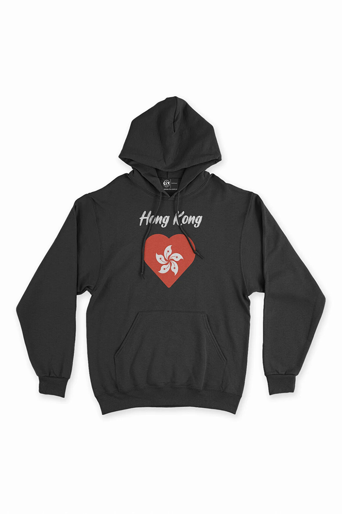 Hong Kong Bayraklı Kalpli Siyah Sweatshirt Hoodie