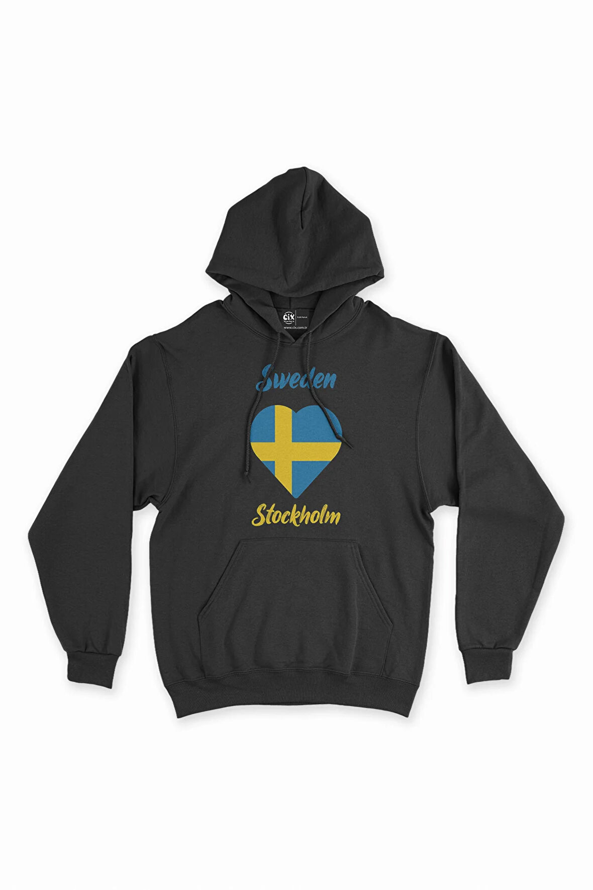 Stockholm İsveç Bayraklı Kalpli Siyah Sweatshirt Hoodie