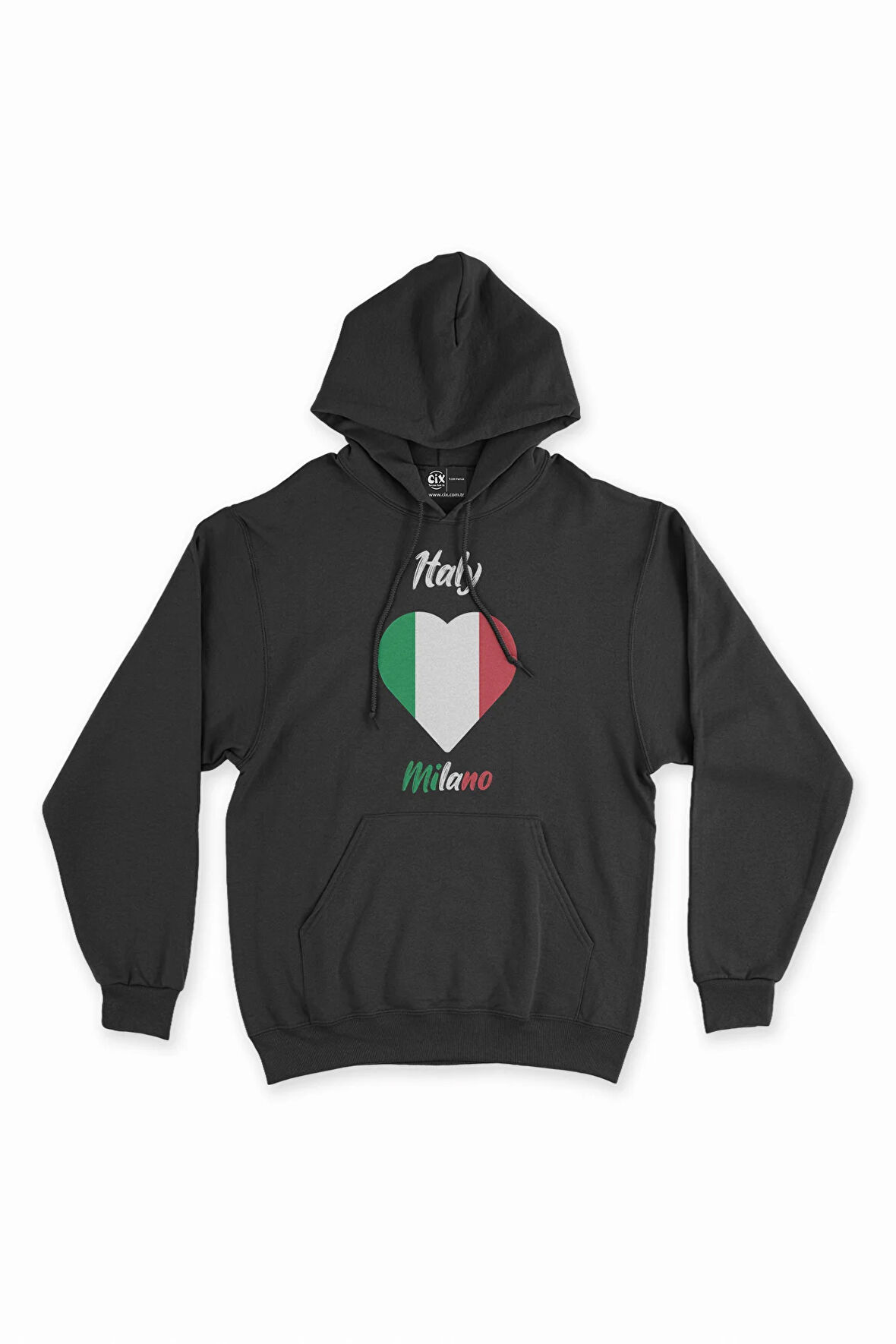 Milano İtalya Bayraklı Kalpli Siyah Sweatshirt Hoodie