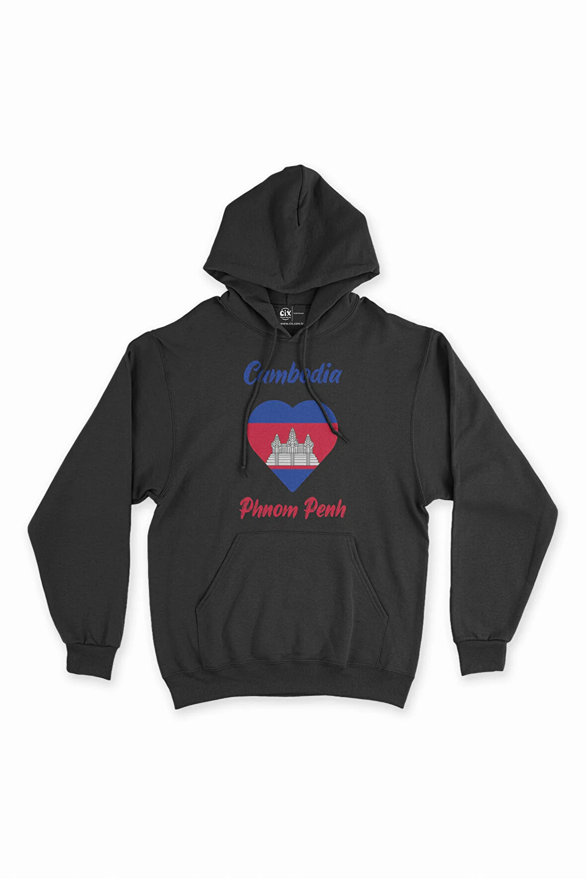 Phnom Penh Kamboçya Bayraklı Kalpli Siyah Sweatshirt Hoodie