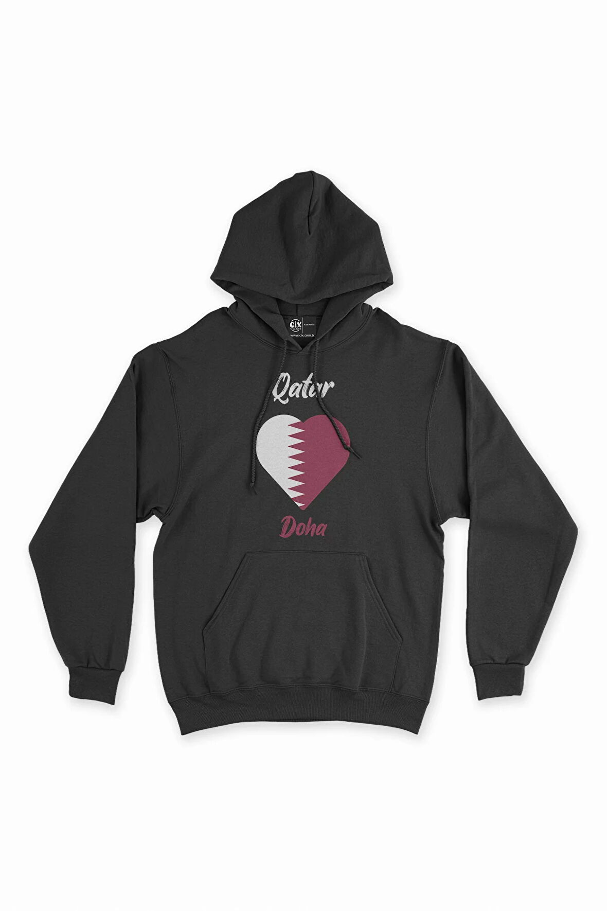 Doha Katar Bayraklı Kalpli Siyah Sweatshirt Hoodie
