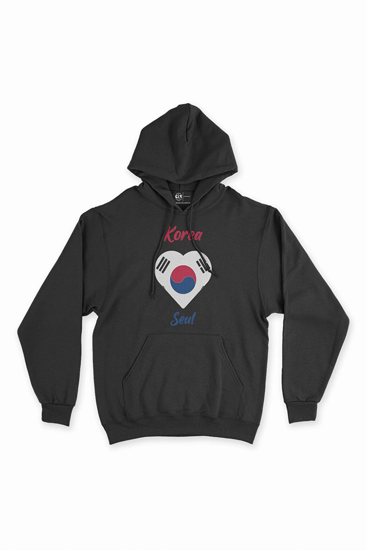 Seul Kore Bayraklı Kalpli Siyah Sweatshirt Hoodie