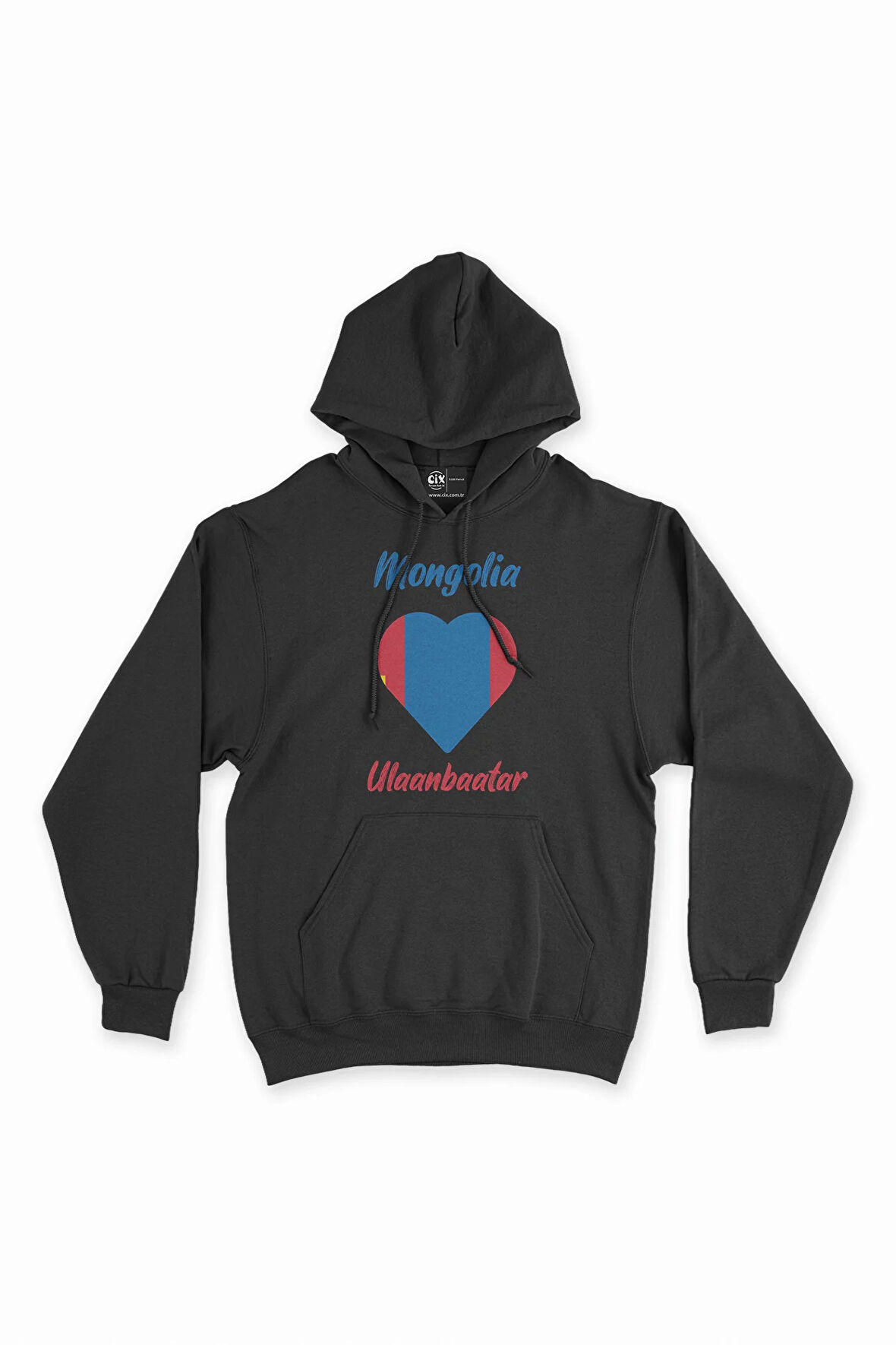 Ulan Batur Moğolistan Bayraklı Kalpli Siyah Sweatshirt Hoodie