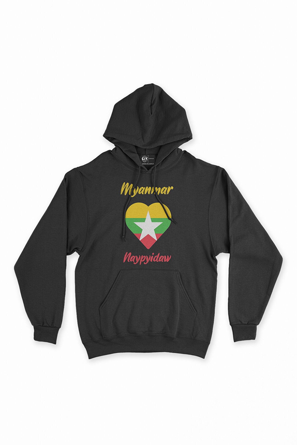 Naypyidaw Myanmar Bayraklı Kalpli Siyah Sweatshirt Hoodie