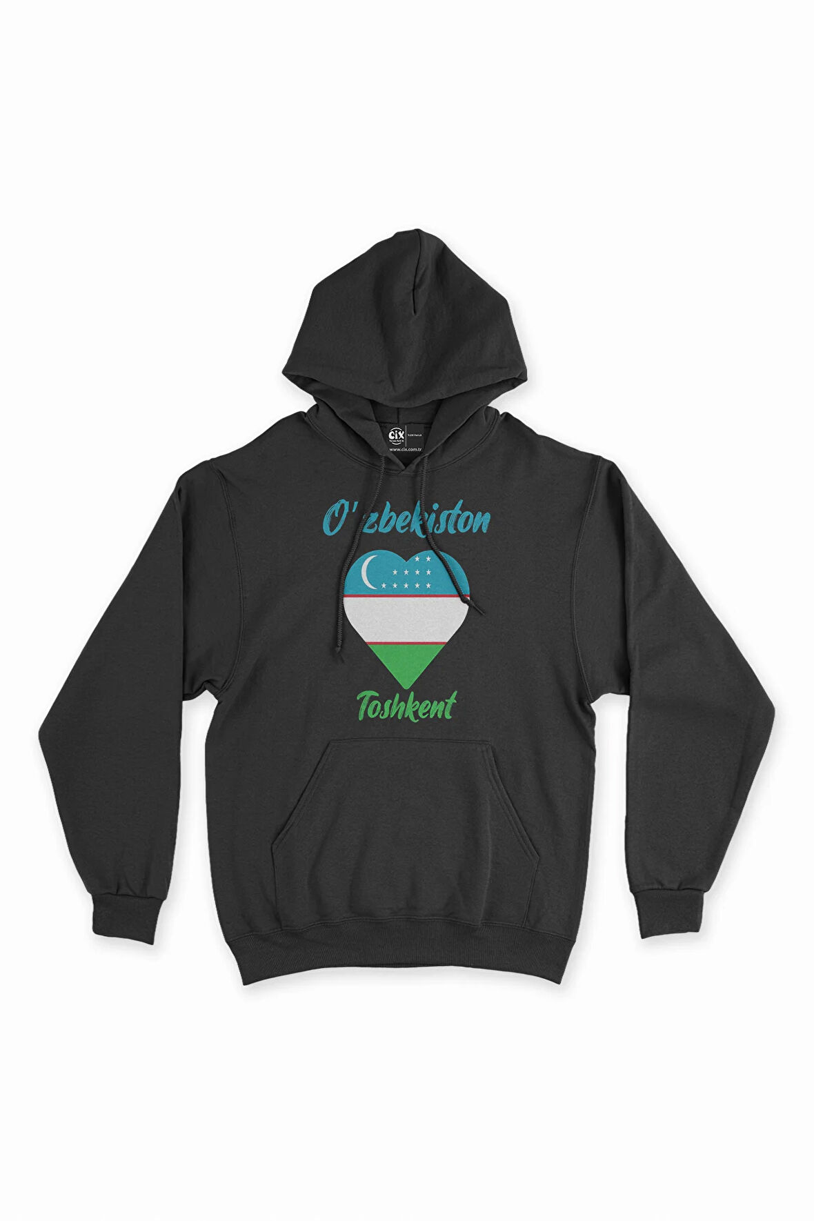Taşkent Özbekistan Bayraklı Kalpli Siyah Sweatshirt Hoodie