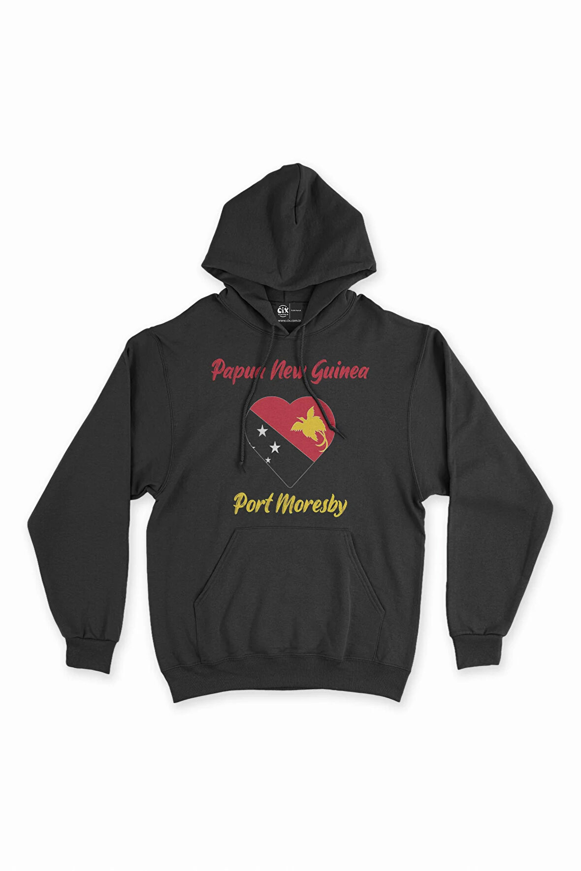 Port Moresby Papua Yeni Gine  Bayraklı Kalpli Siyah Sweatshirt Hoodie