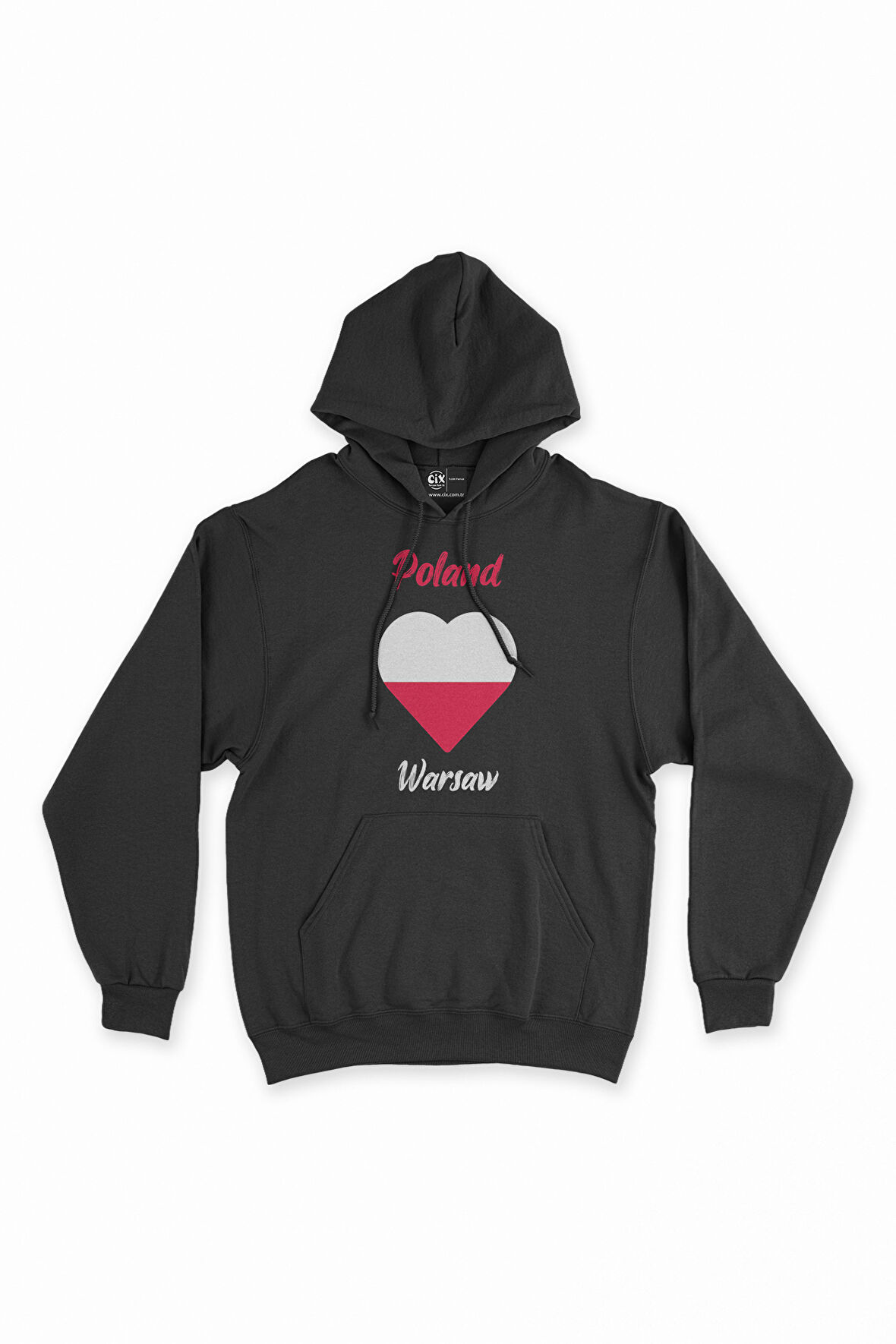 Varşova Polonya Bayraklı Kalpli Siyah Sweatshirt Hoodie