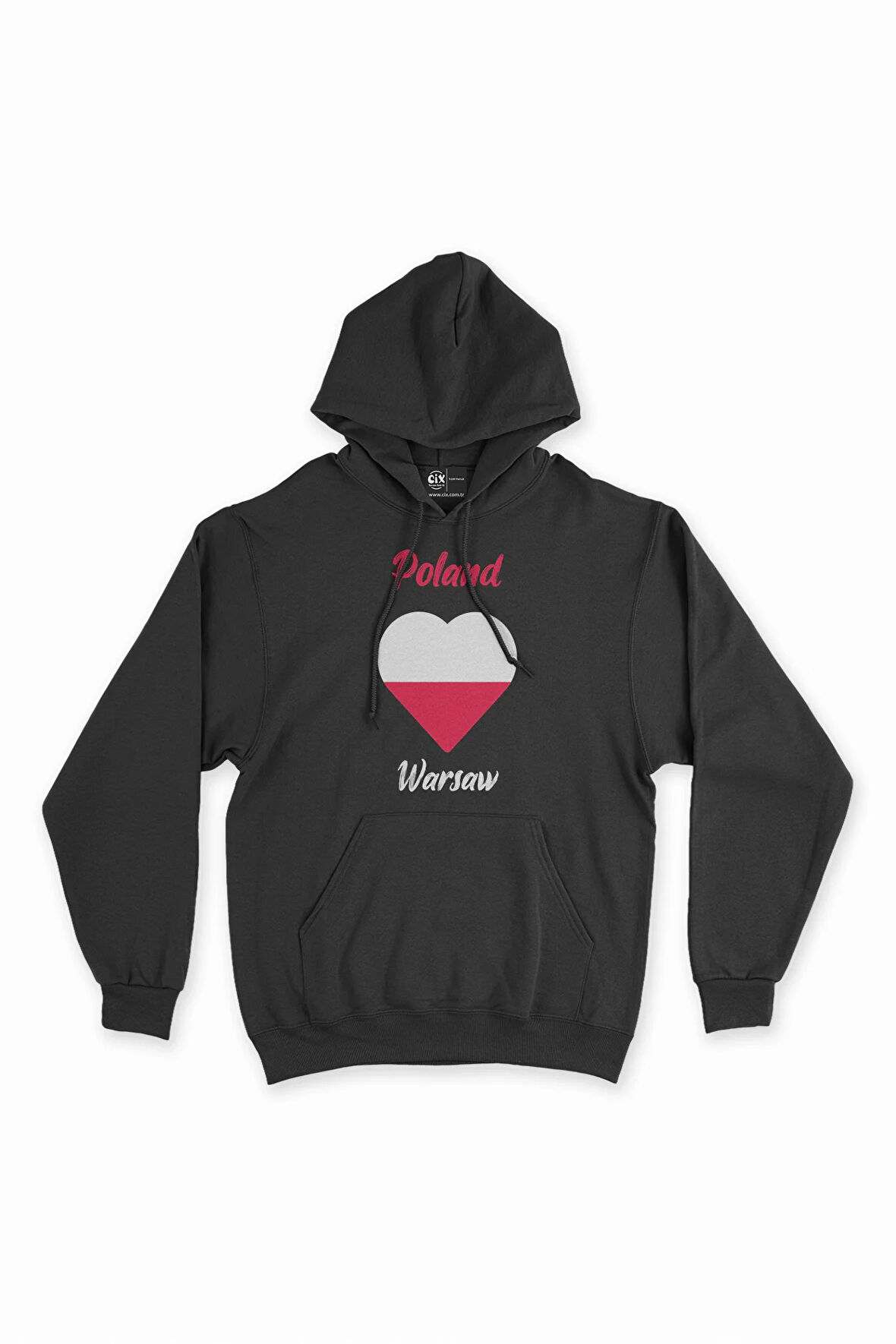 Varşova Polonya Bayraklı Kalpli Siyah Sweatshirt Hoodie