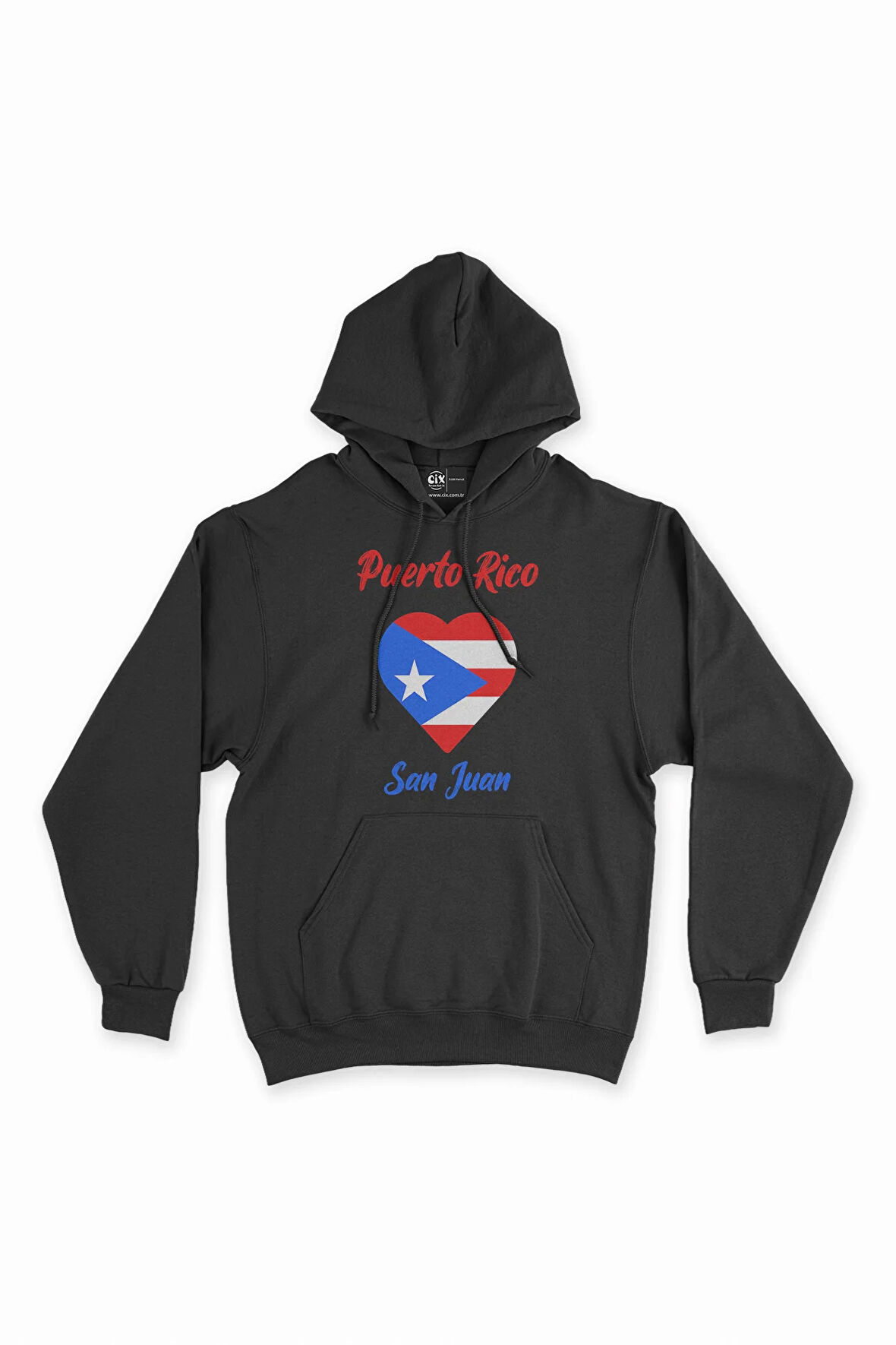 San Juan Porta Riko Bayraklı Kalpli Siyah Sweatshirt Hoodie
