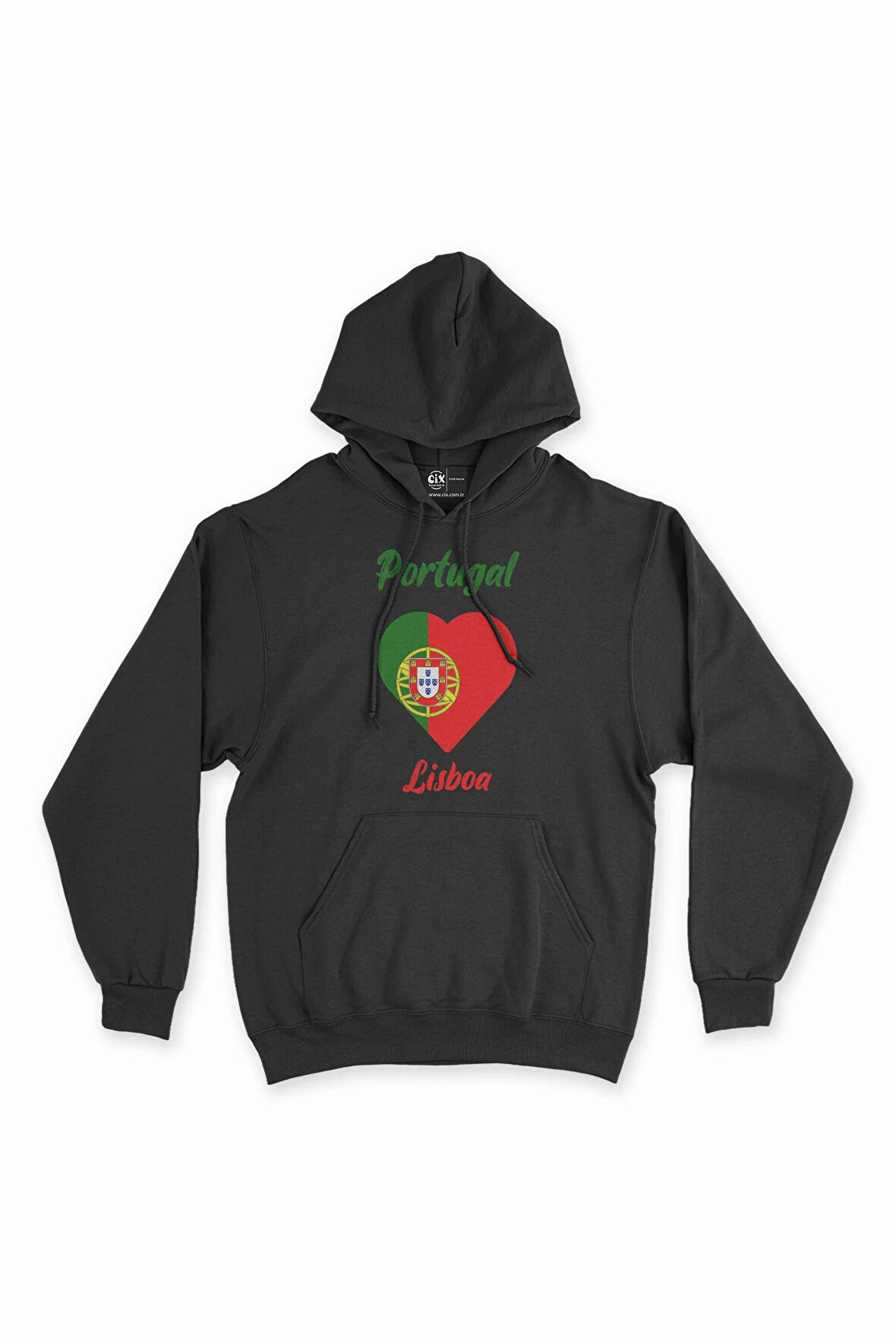 Lizbon Portekiz Bayraklı Kalpli Siyah Sweatshirt Hoodie