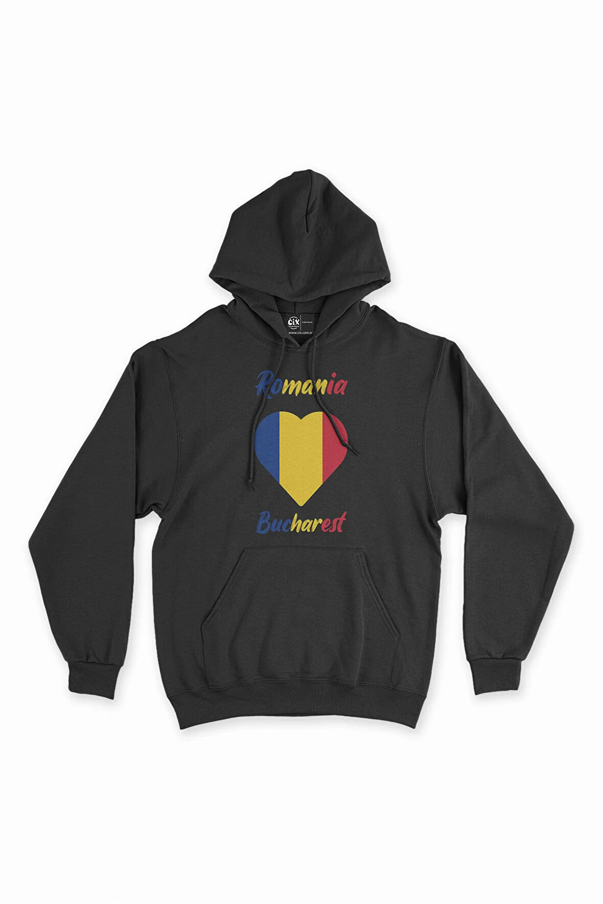 Bükreş Romanya Bayraklı Kalpli Siyah Sweatshirt Hoodie