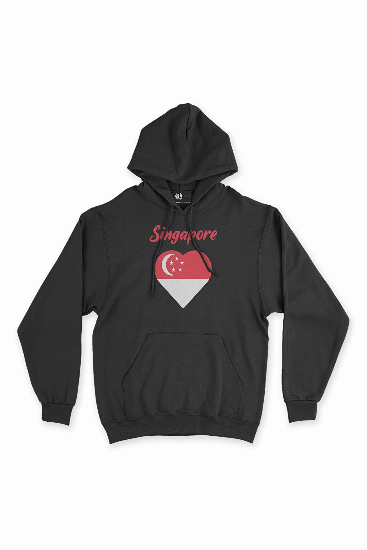 Singapur Bayraklı Kalpli Siyah Sweatshirt Hoodie