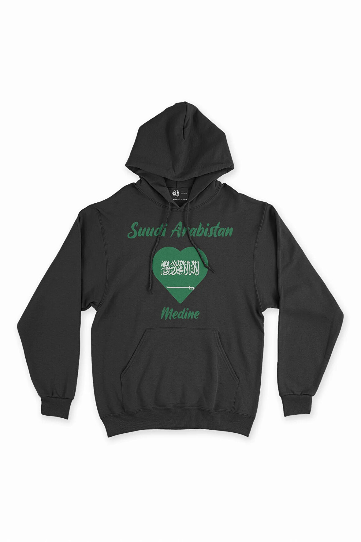 Medine Suudi Arabistan Bayraklı Kalpli Siyah Sweatshirt Hoodie