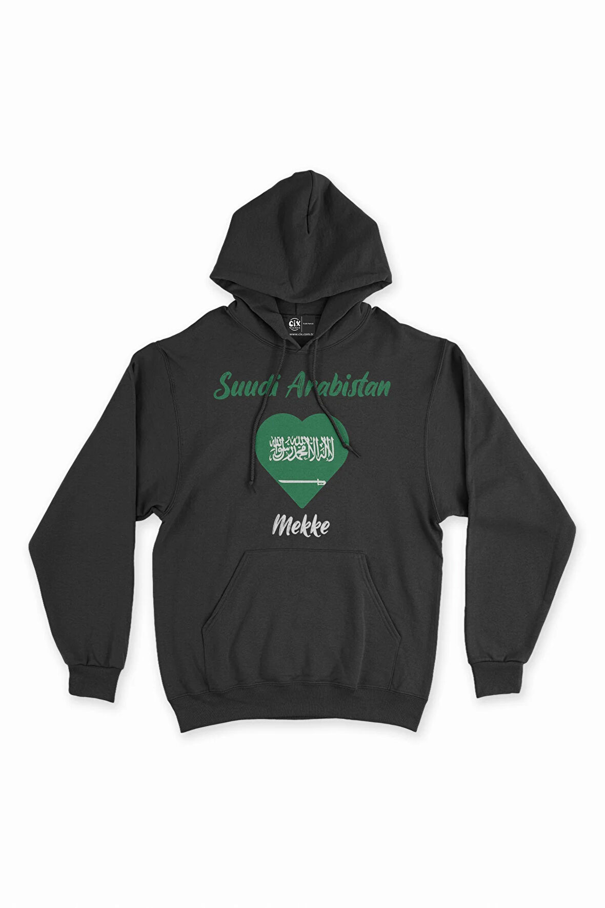 Mekke Suudi Arabistan Bayraklı Kalpli Siyah Sweatshirt Hoodie