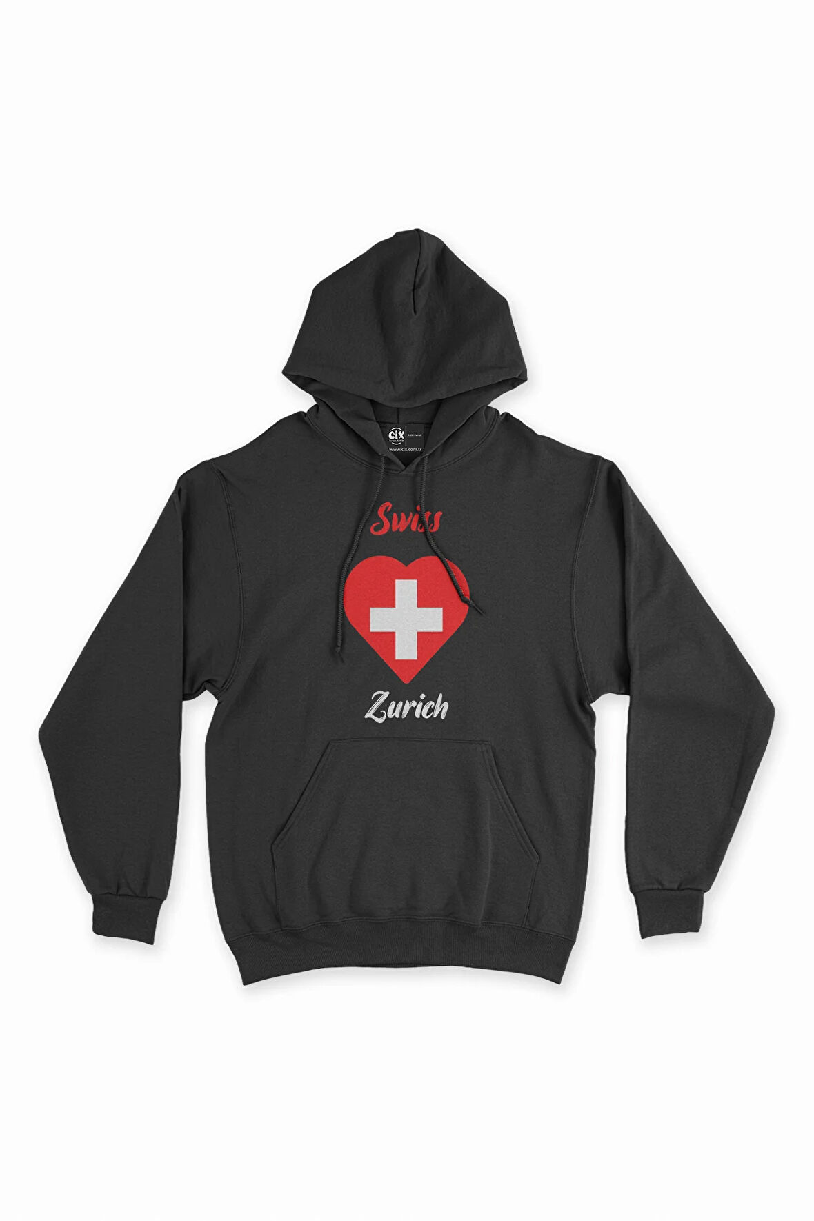 Zürih İsviçre Bayraklı Kalpli Siyah Sweatshirt Hoodie