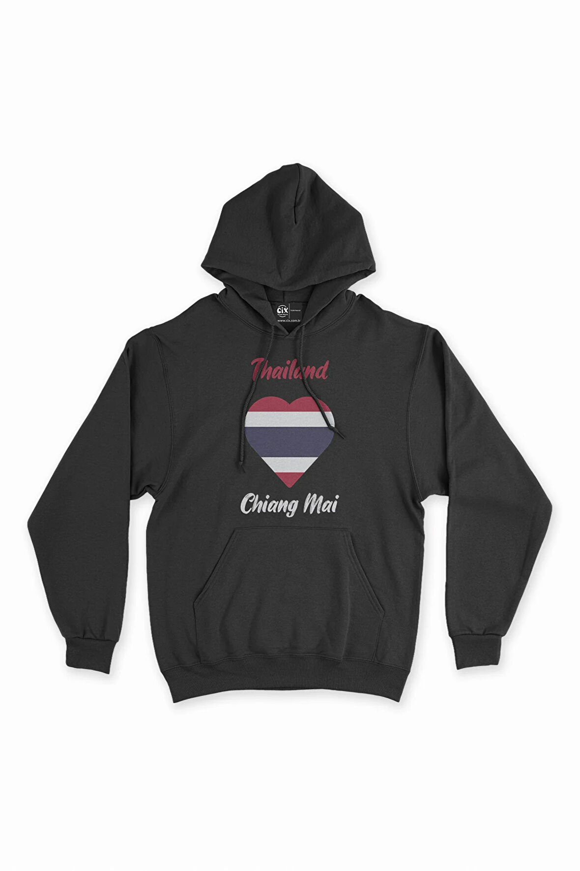 Chiang Mai Tayland Bayraklı Kalpli Siyah Sweatshirt Hoodie