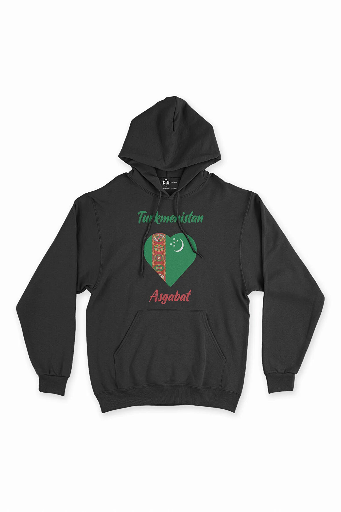 Aşkabat Türkmenistan Bayraklı Kalpli Siyah Sweatshirt Hoodie