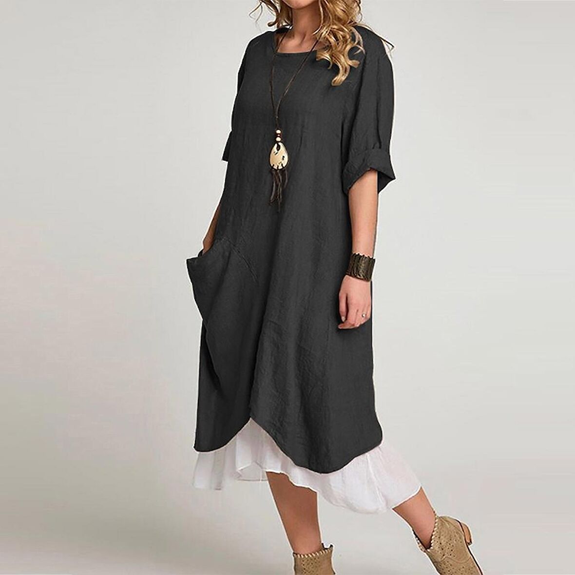 Barbora Keten Yazlık Günlük Tasarım Kadın Elbise bt263siyah5