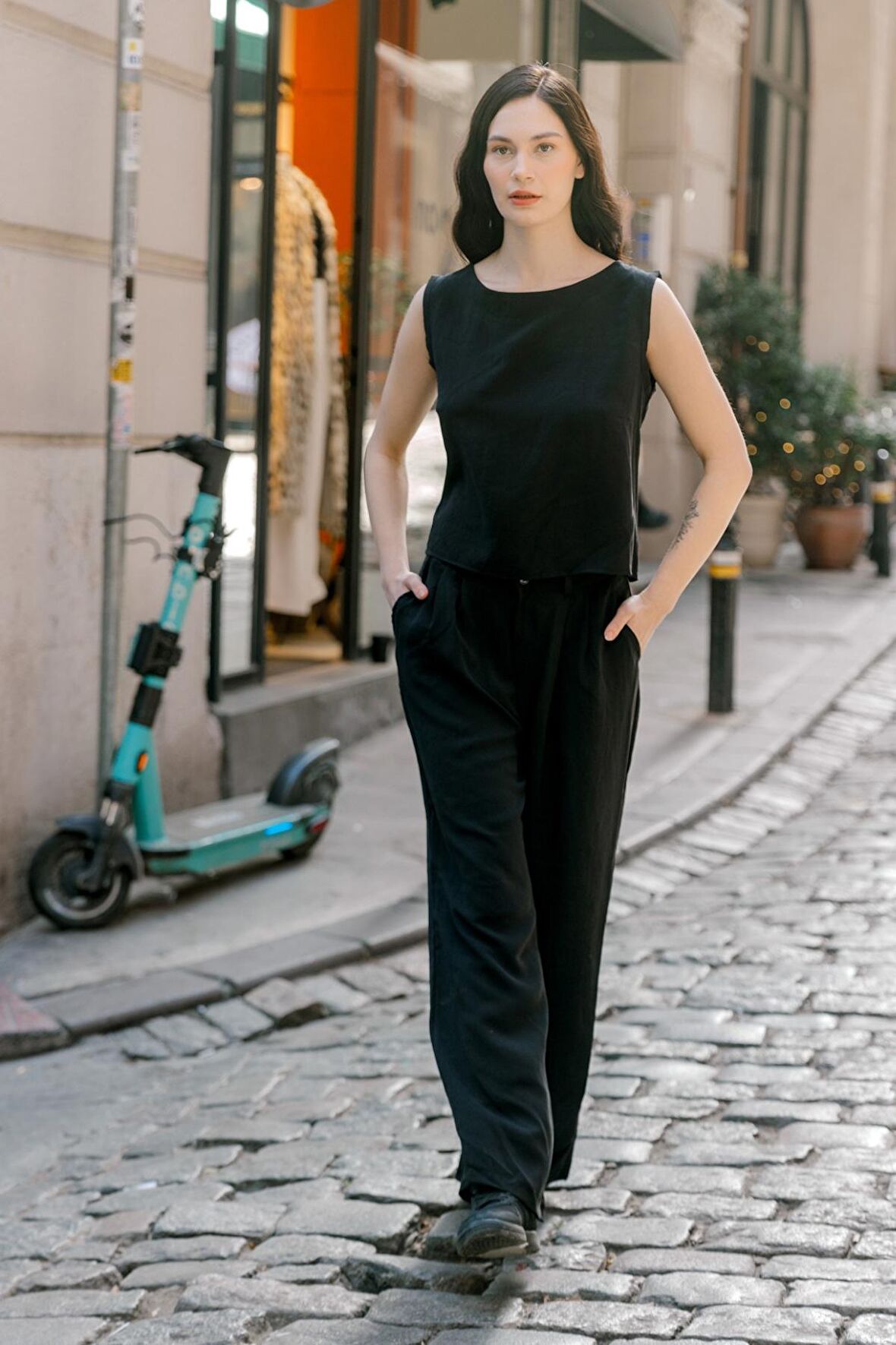 Barbora Keten Günlük Rahat  Kolsuz  Alt Üst Kadın Takım LN08siyah13