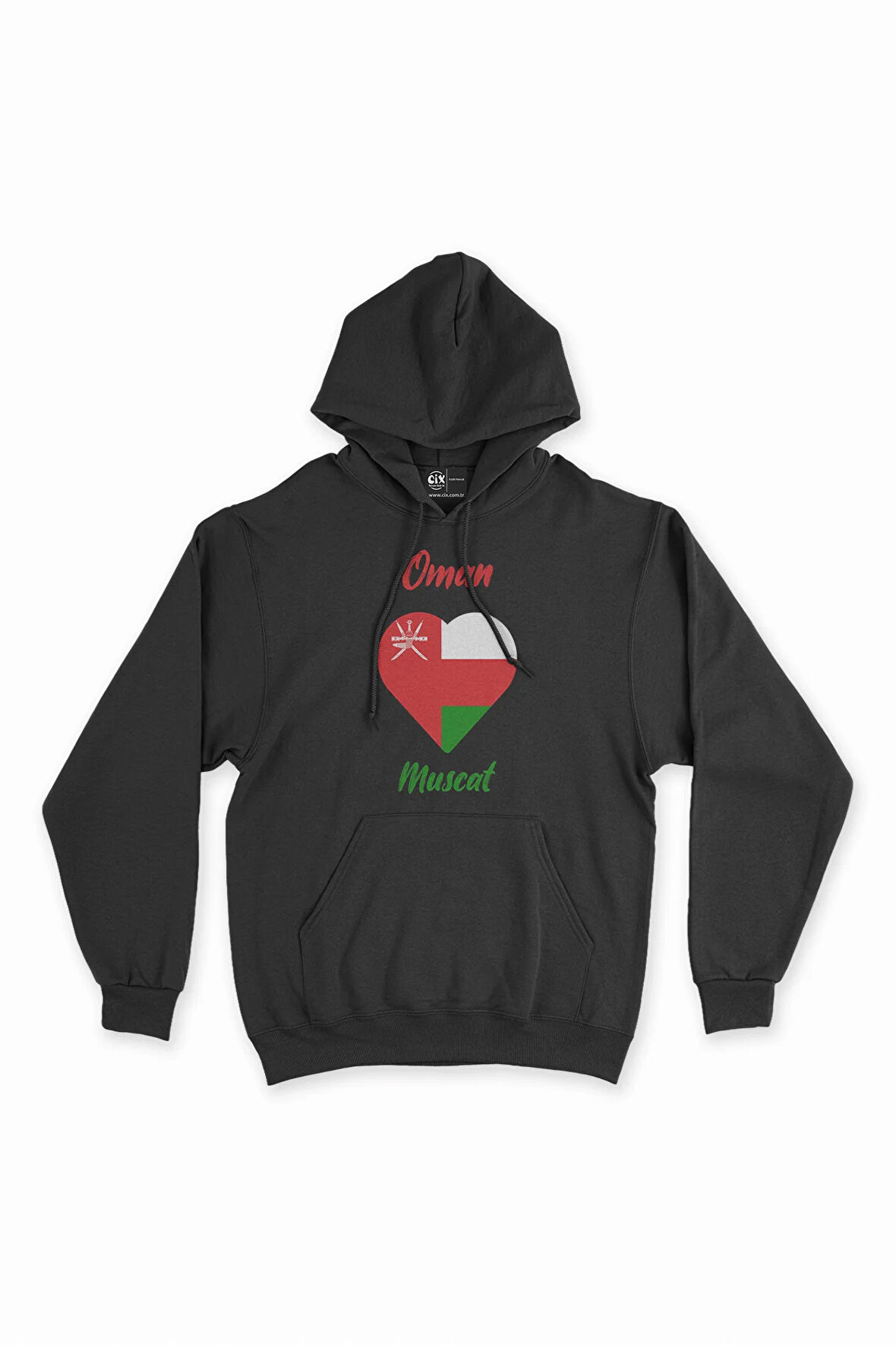 Muskat Umman Bayraklı Kalpli Siyah Sweatshirt Hoodie