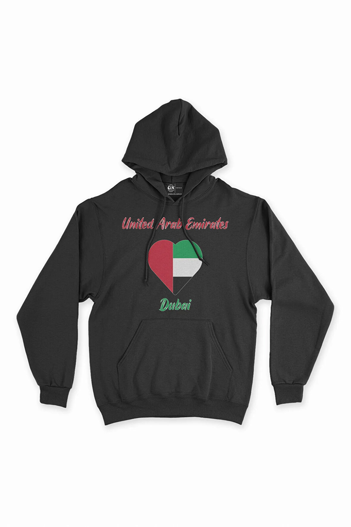 Dubai Bayraklı Kalpli Siyah Sweatshirt Hoodie