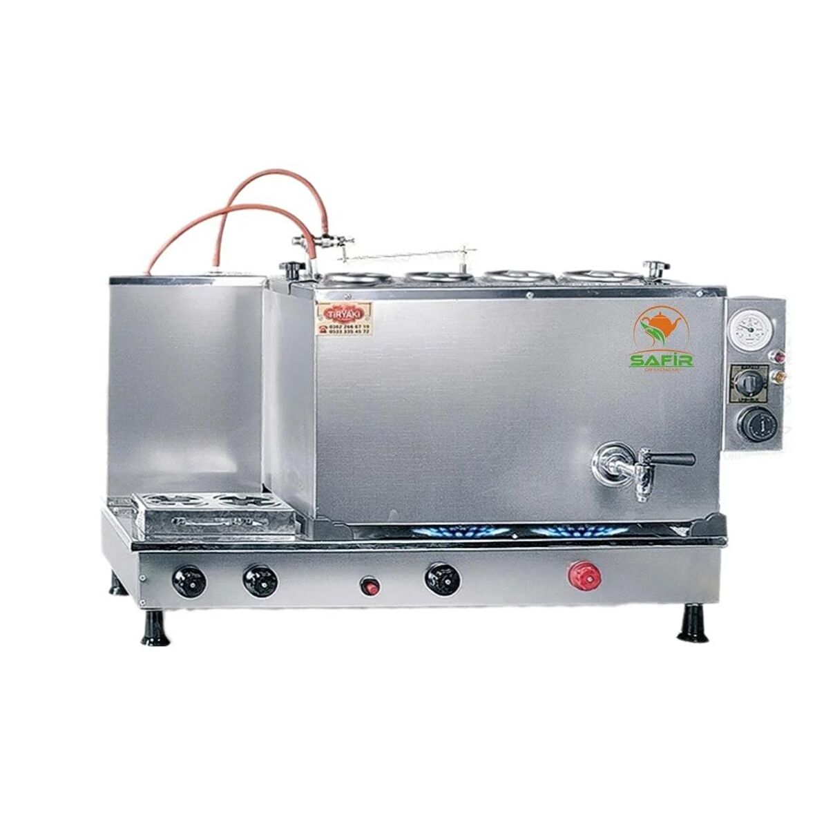 Tiryaki 4 Demlikli Paslanmaz İnoks Çay Ocağı Kazanı Tüplü + Elektrikli Çay semaveri Çay makinesi Çay kazanı Enerji Tasarruf Sistemli Safir